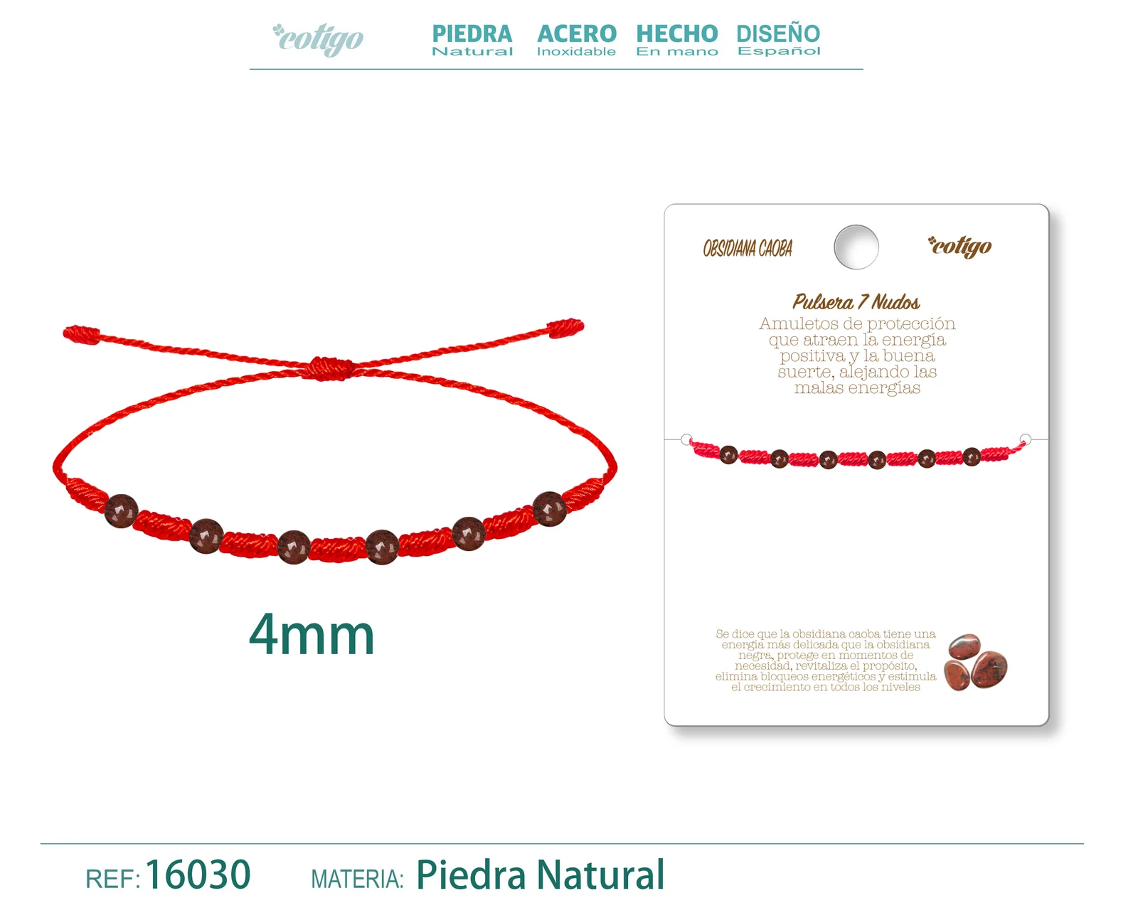 PULSERA 7 NUDOS CON  OBSIDIANA CAOBA 4MM