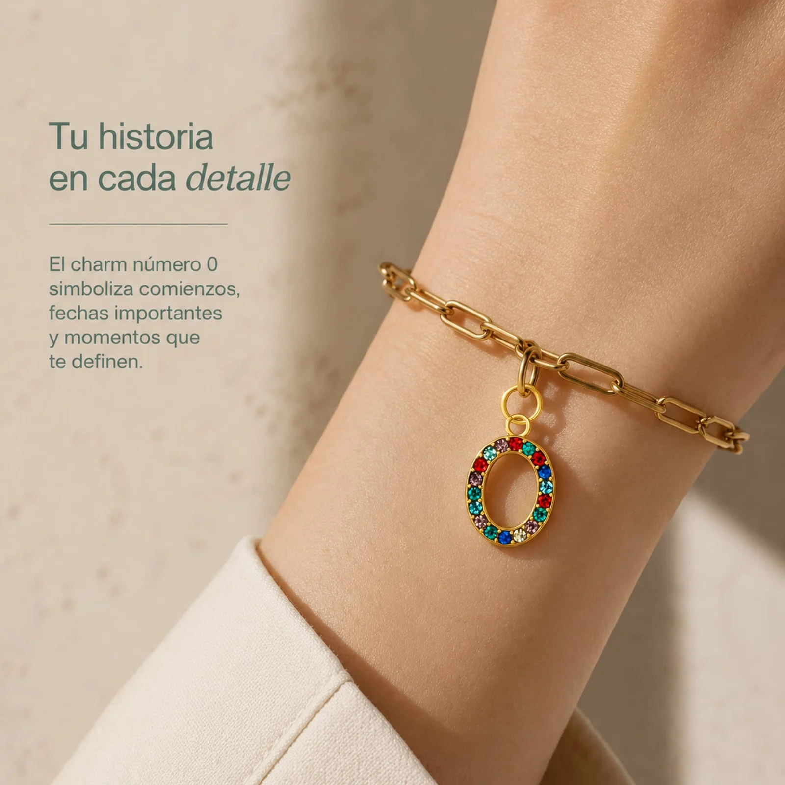 CHARM DE NÚMERO 0 ACERO COLOR DORADO CON CIRCONITA
