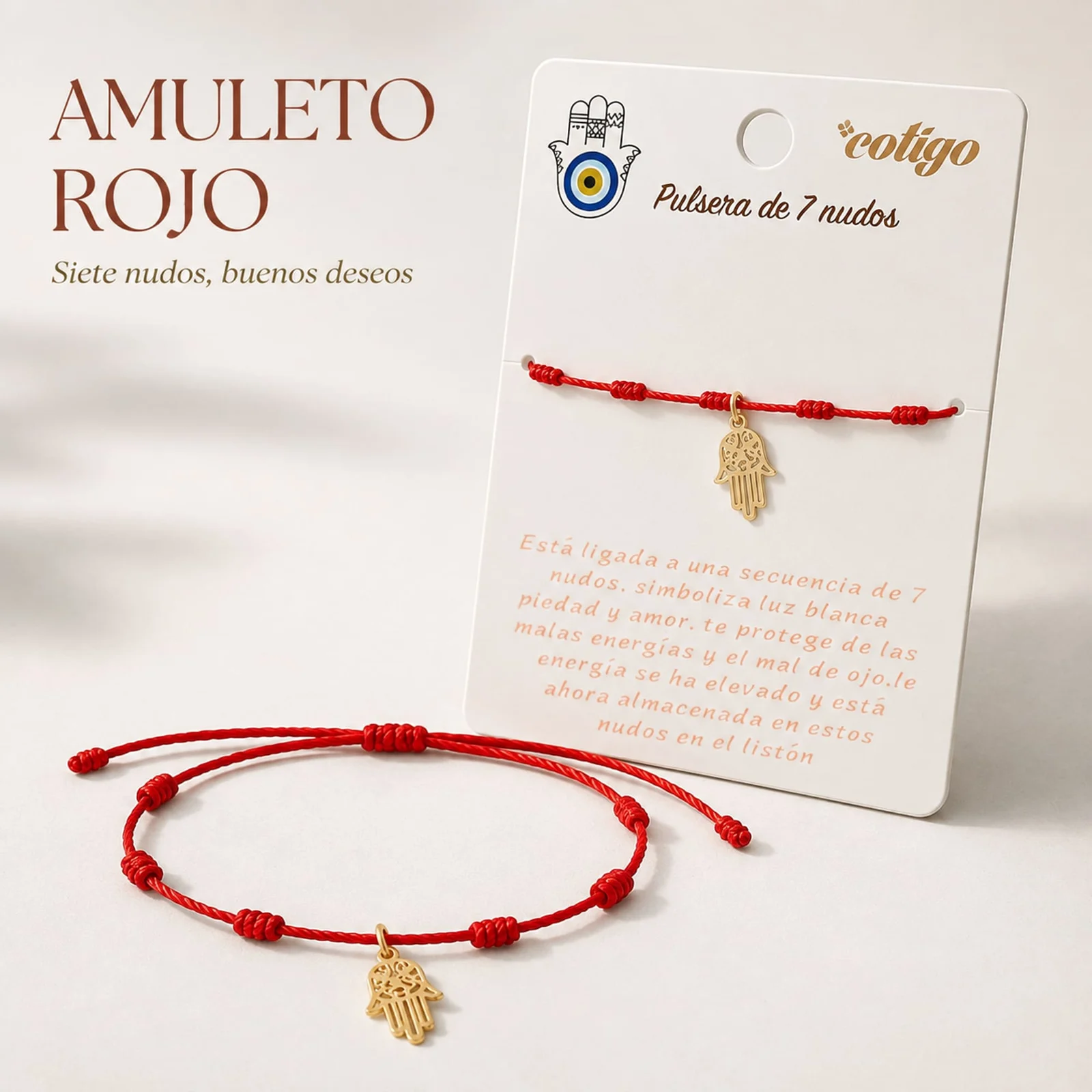 PULSERA 7 NUDOS CON MANO DE FÁTIMA ACERO DORADO