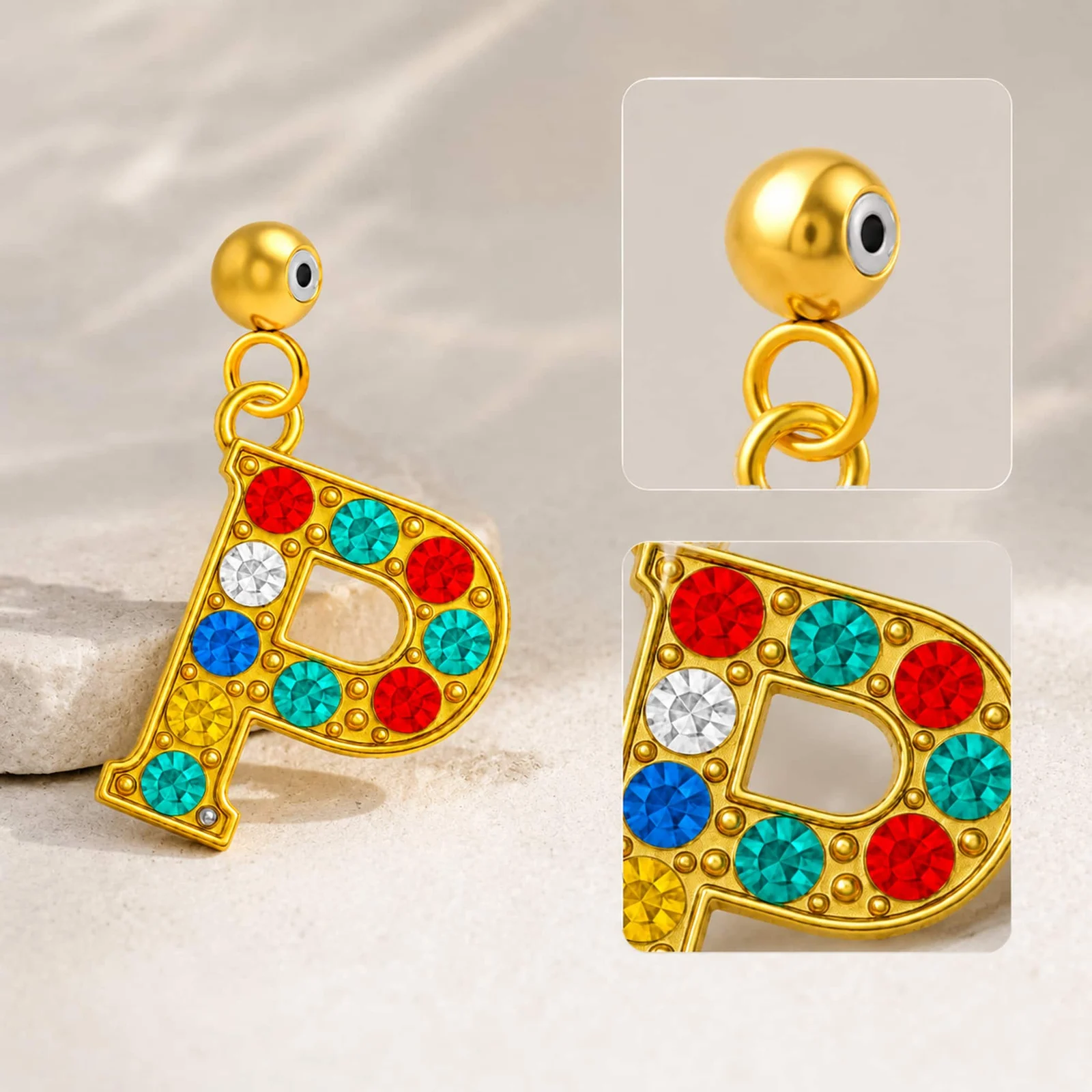 CHARM DE LETRA P ACERO COLOR DORADO CON CIRCONITA-CON BOLA DE GOMA