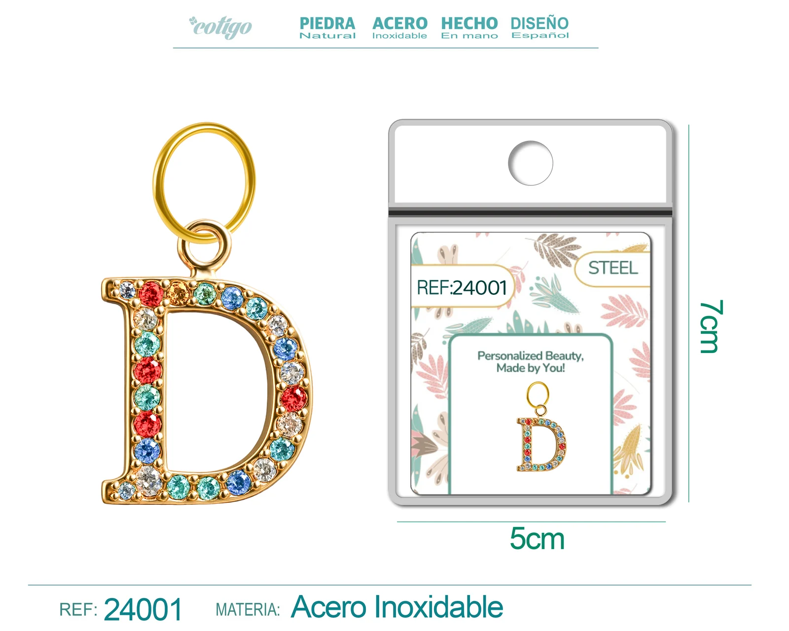 CHARM DE LETRA D ACERO COLOR DORADO CON CIRCONITA