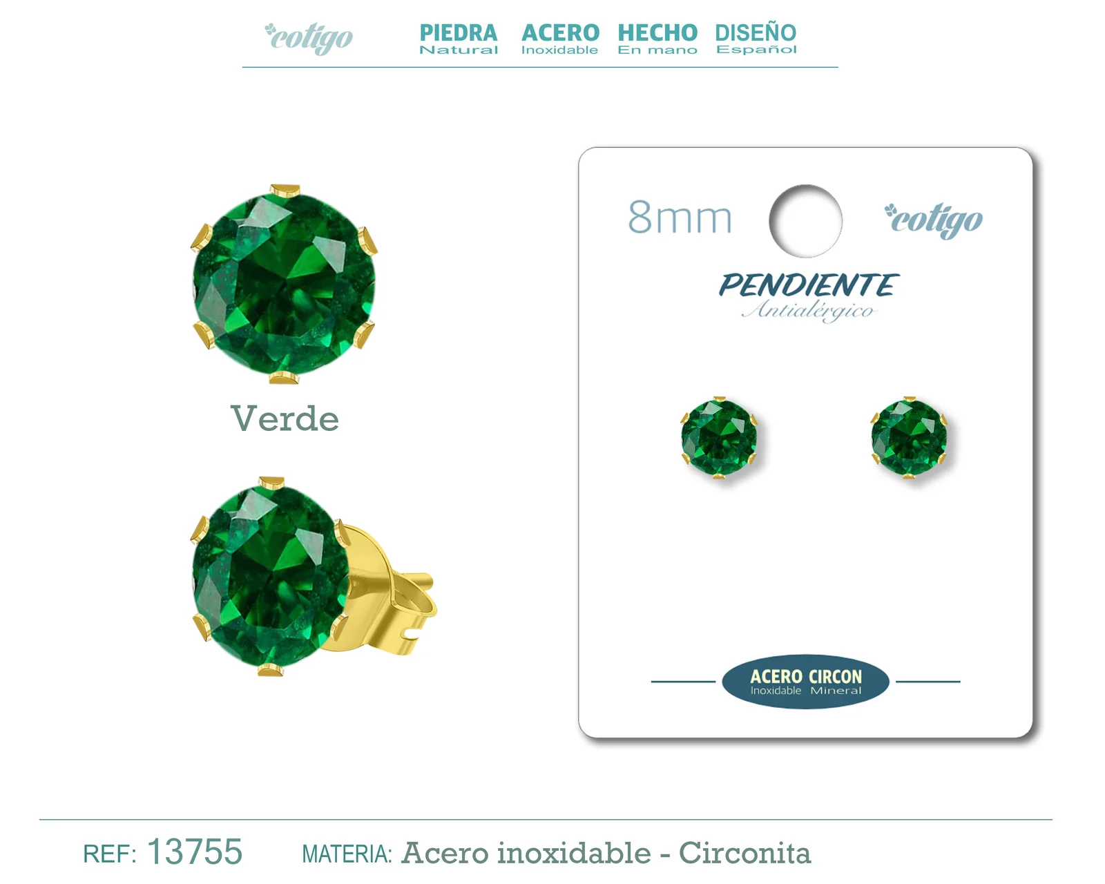 PENDIENTE CIRCONITA REDONDO-VERDE-8MM-BASE ACERO DORADO