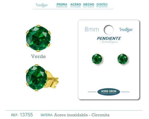 PENDIENTE CIRCONITA REDONDO-VERDE-8MM-BASE ACERO DORADO