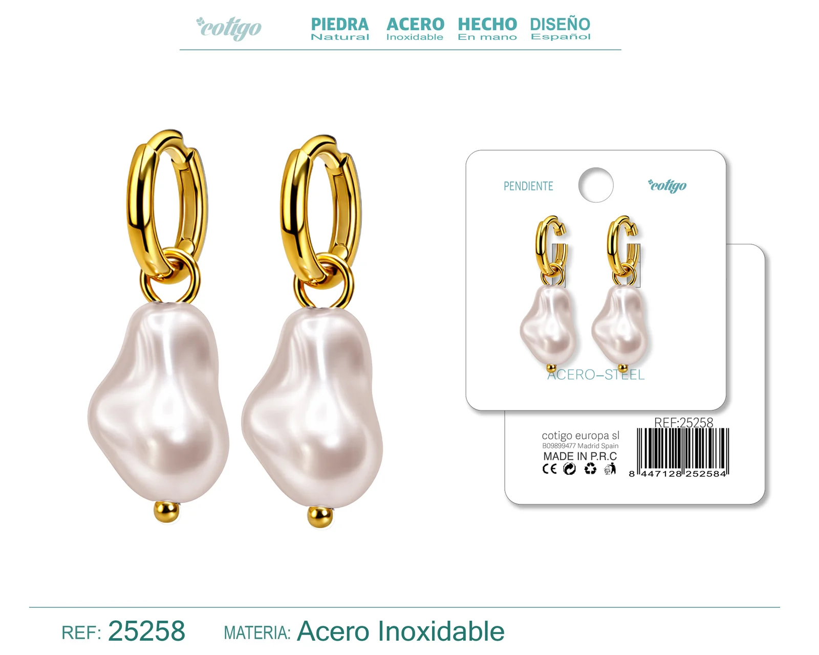 PENDIENTES DE PERLAS BALOTELLI CON ARO ACERO COLOR DORADO