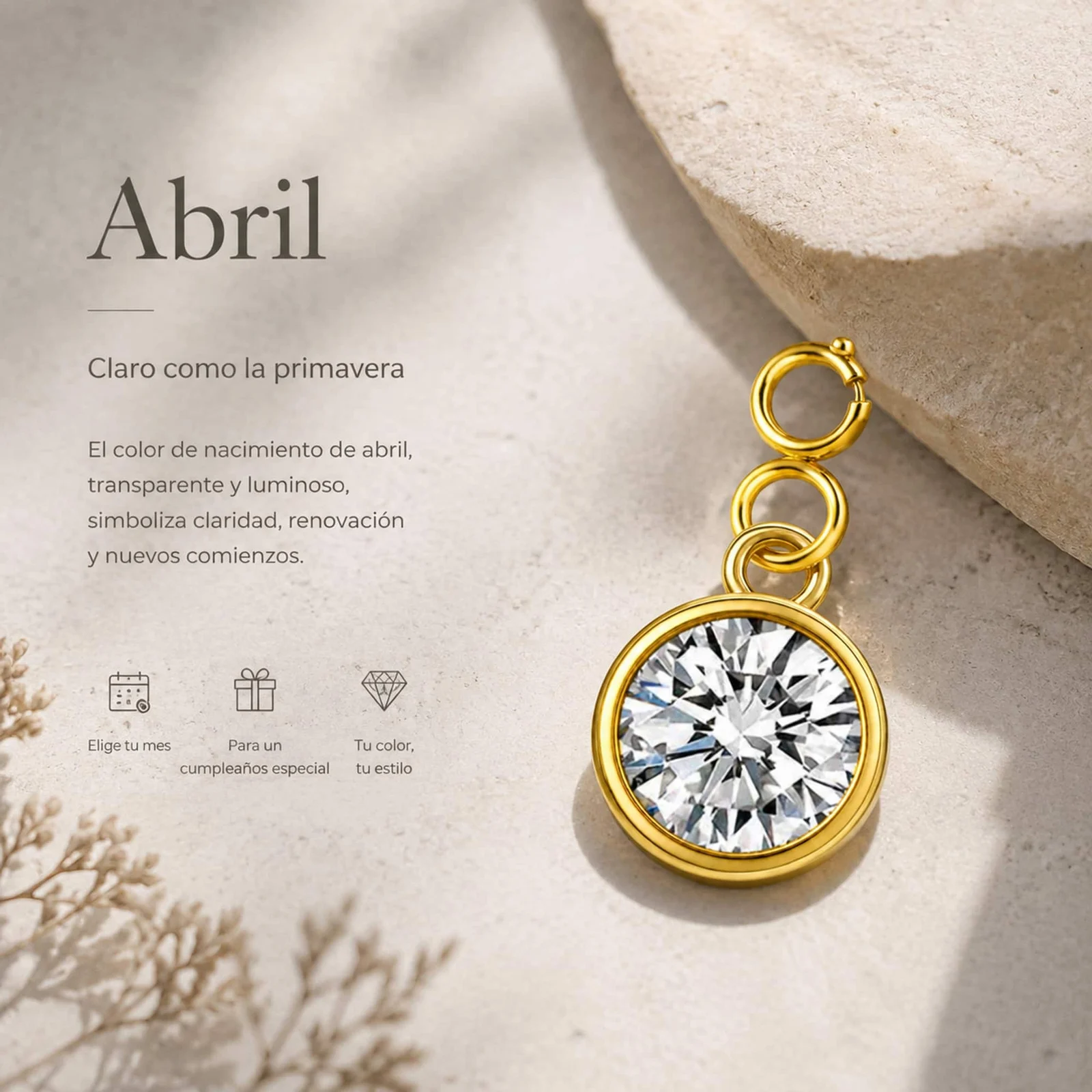 CHARM ACERO DORADO CON PIEDRA NACIMIENTO DE ABRIL-CON CIERRE