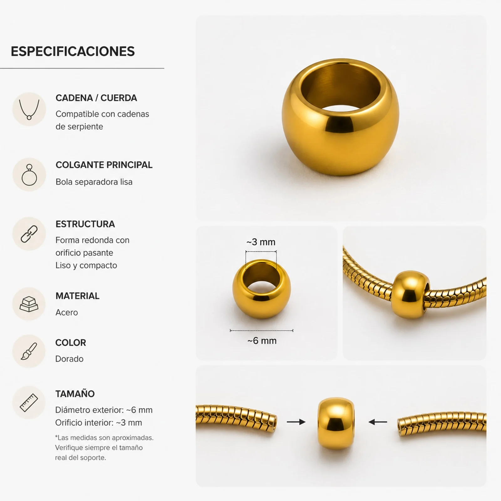 CHARM DE BOLA 6MM ACERO DORADO CON AGUJERO 3MM PARA CADENA DE SERPIENTE