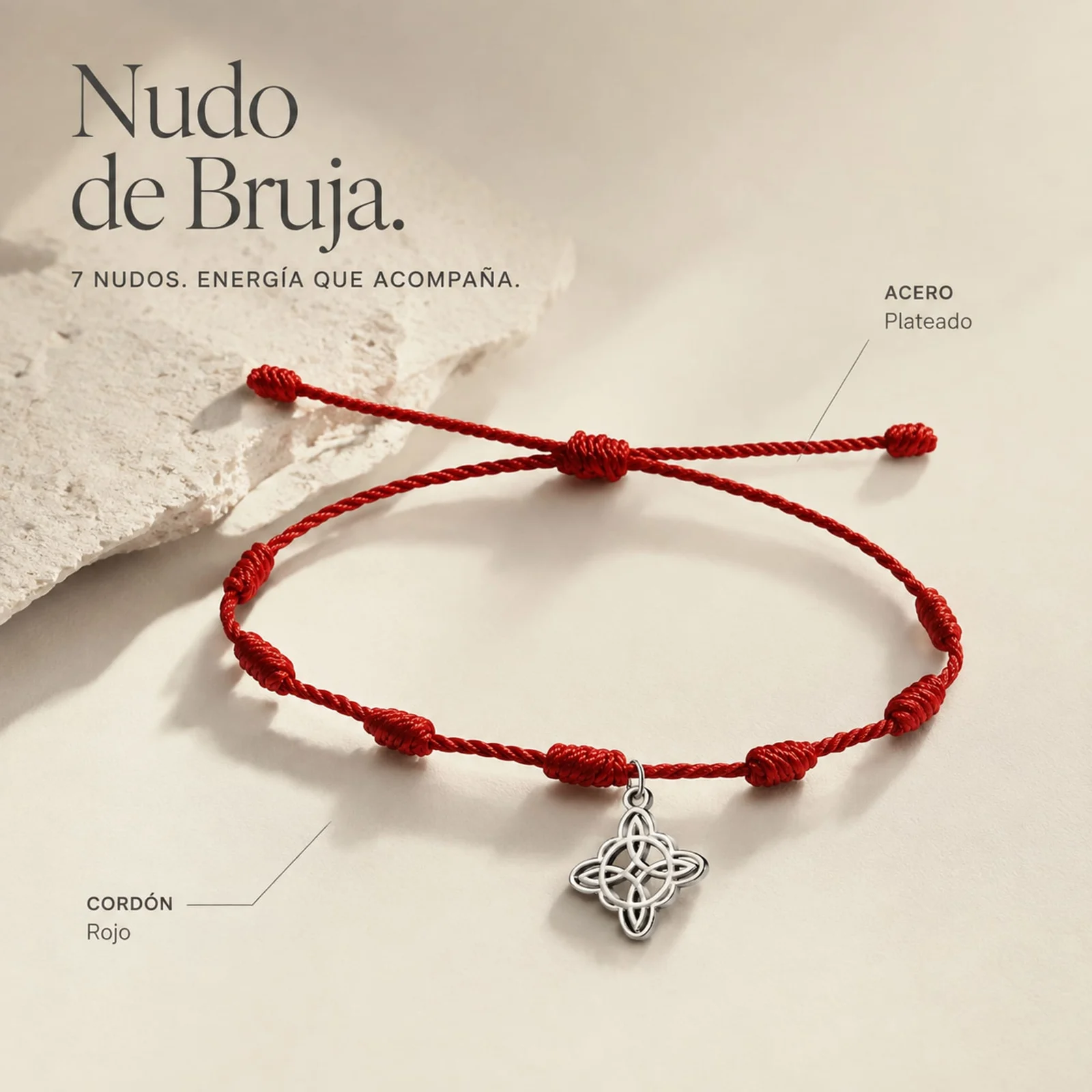 PULSERA 7 NUDOS CON NUDO DE BRUJA ACERO PLATEADO