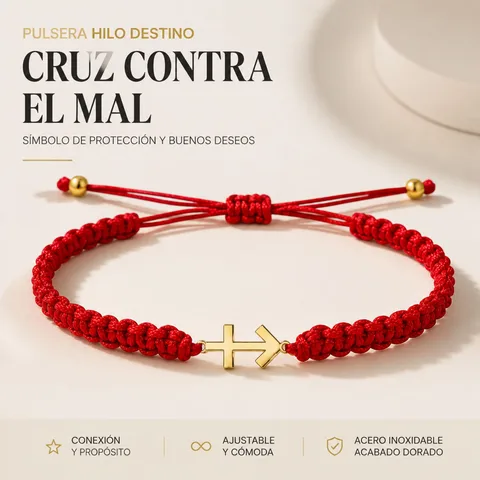PULSERA HILO DESTINO  CON CRUZ CONTRA EL MAL ACERO DORADO
