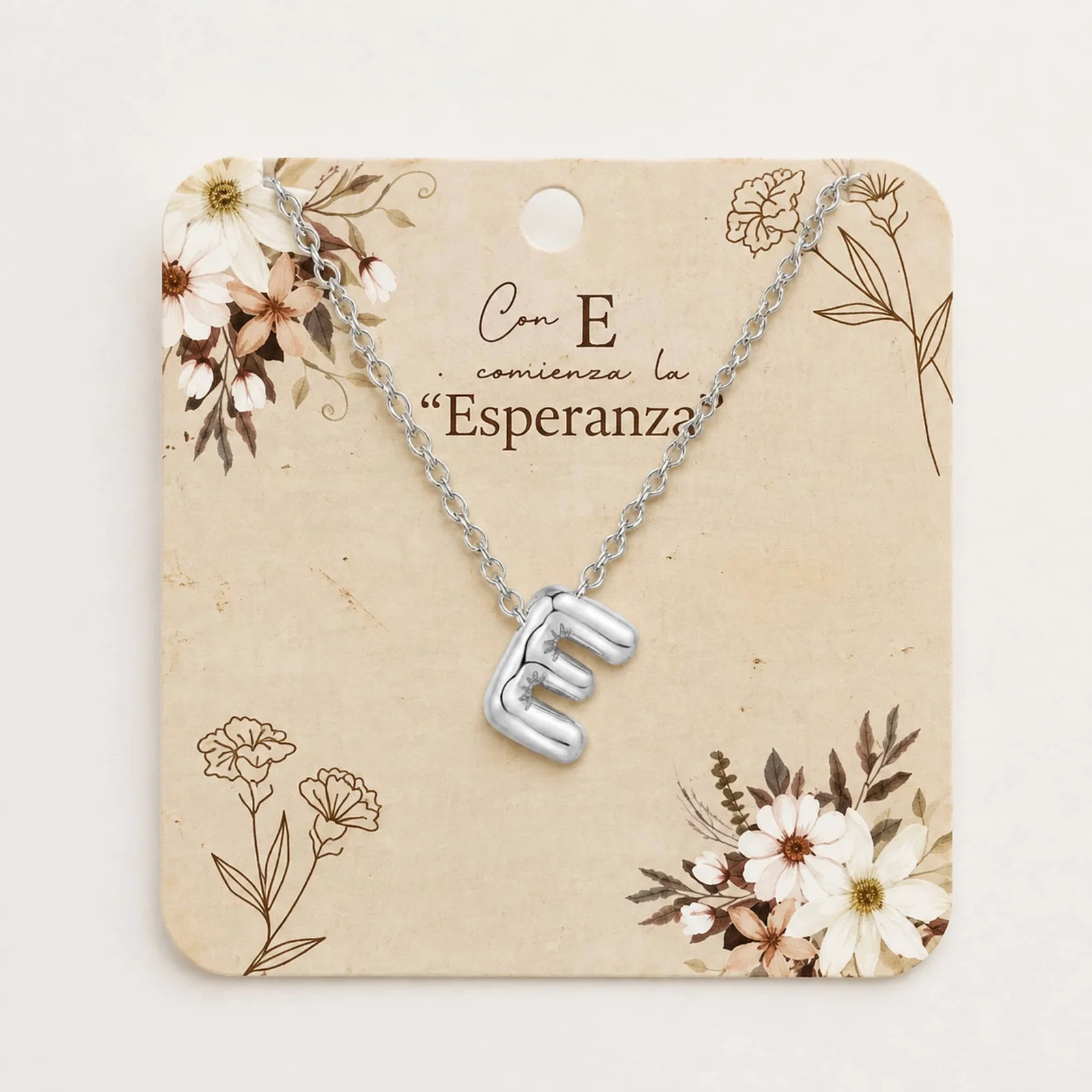 COLLAR INICIAL LETRA E ACERO CON SOBRE