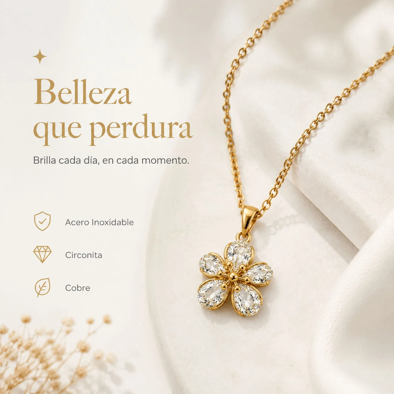 Colgangte Cobre con Circonita Colar Dorado y Cadena Acero
