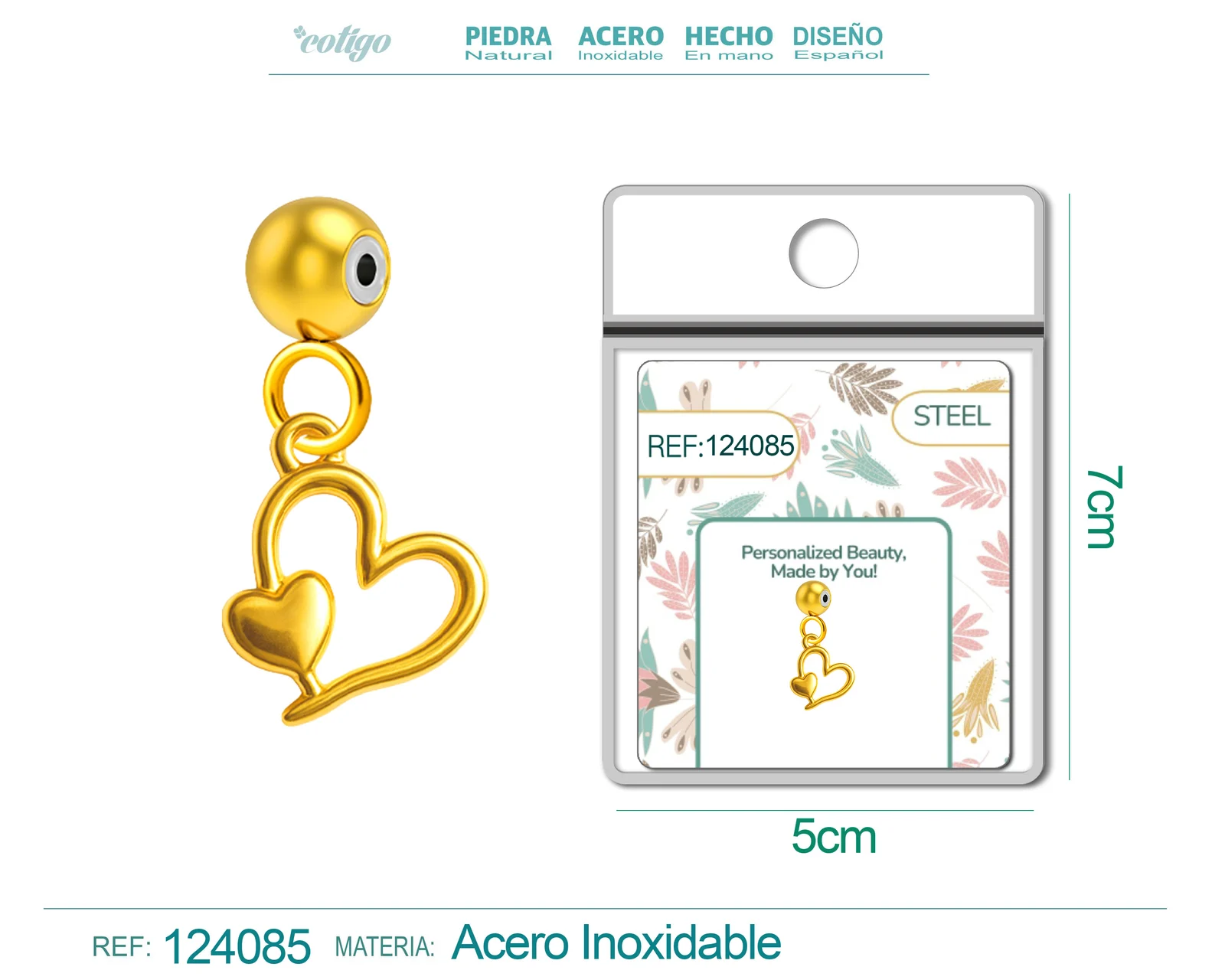 CHARM ACERO DORADO CHAPADO ORO 14 K-CON BOLA DE GOMA
