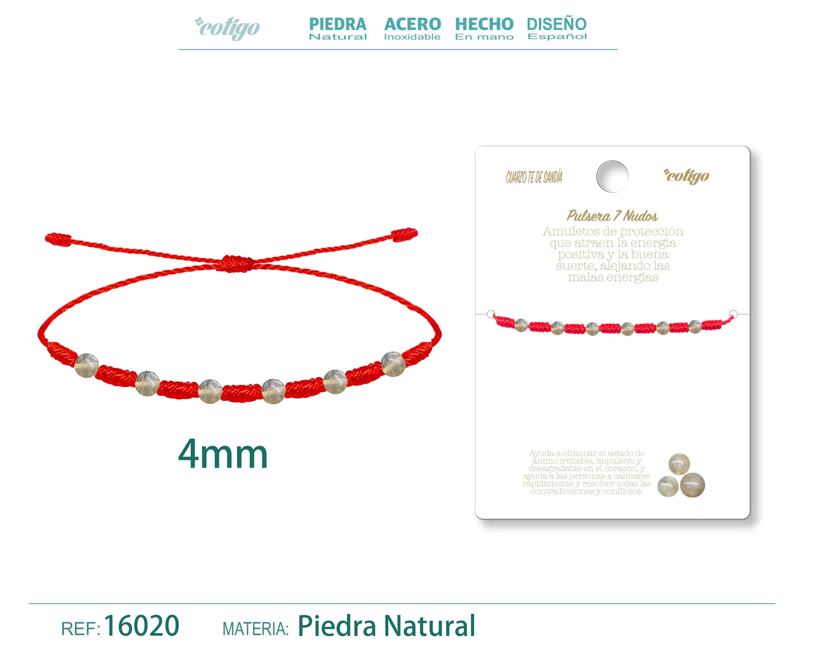 PULSERA 7 NUDOS CON  CUARZO TE DE SANDÍA 4MM