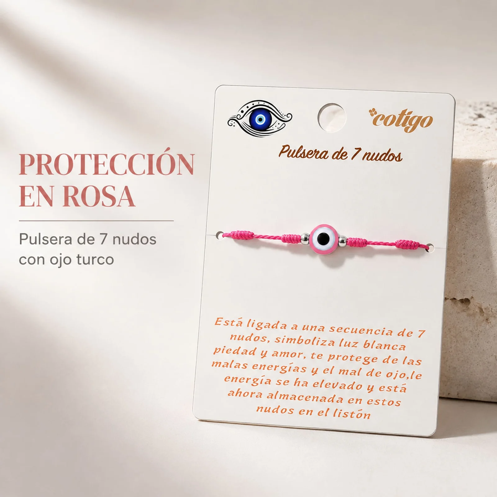 PULSERA 7 NUDOS ROSA CON OJO TURCO