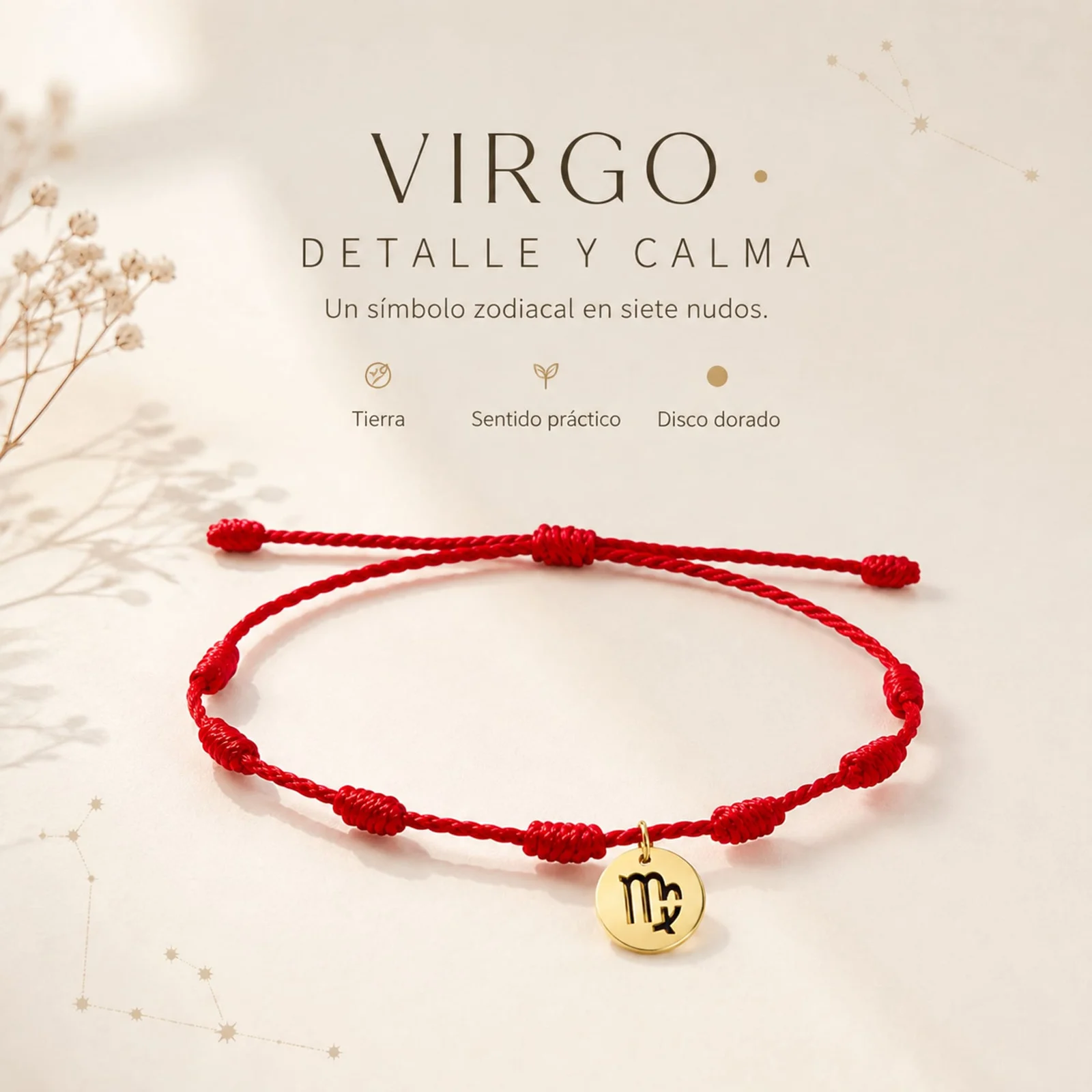 PULSERA 7 NUDOS CON VIRGO ACERO. COLOR DORADO