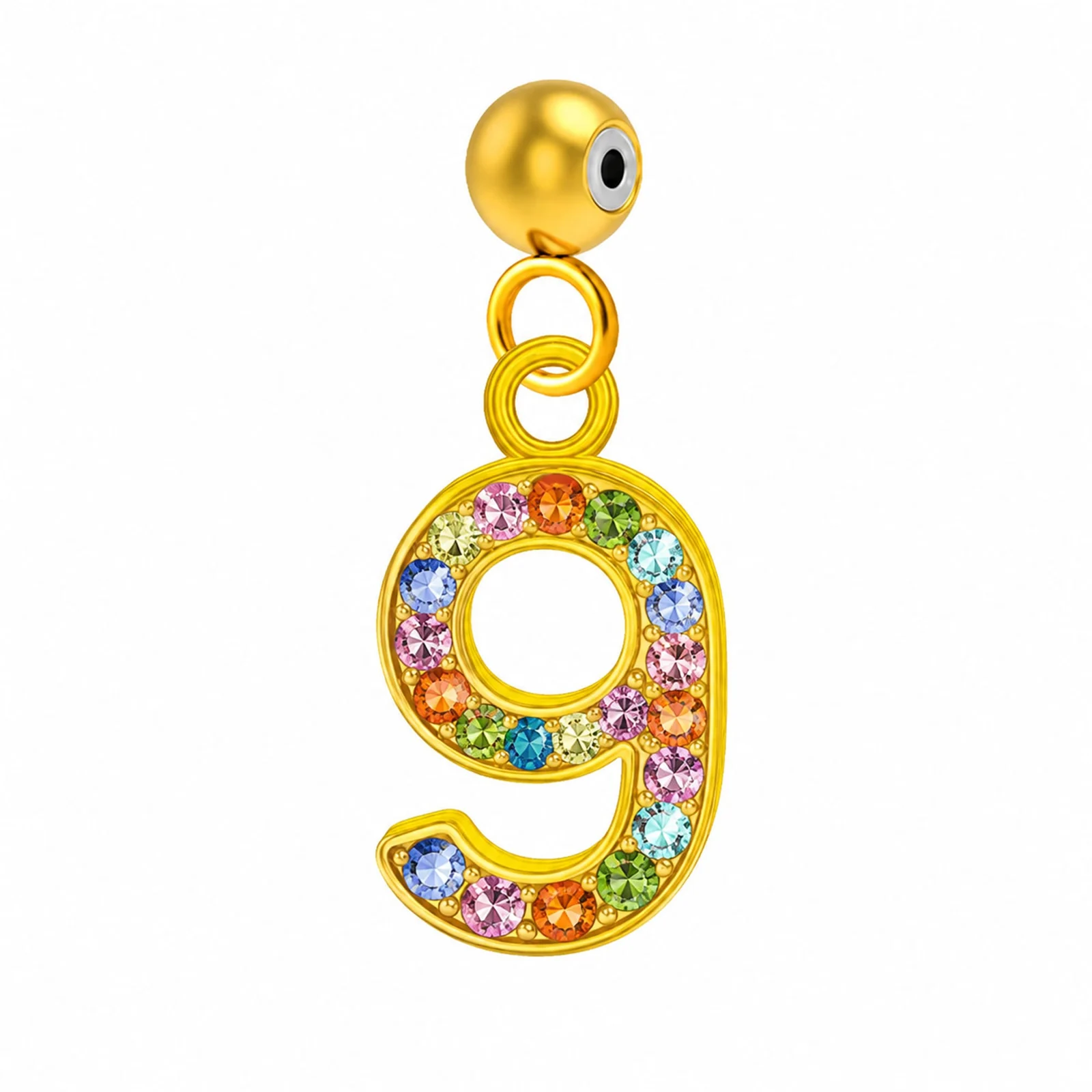 CHARM DE NÚMERO 9 ACERO COLOR DORADO CON CIRCONITA-CON BOLA DE GOMA