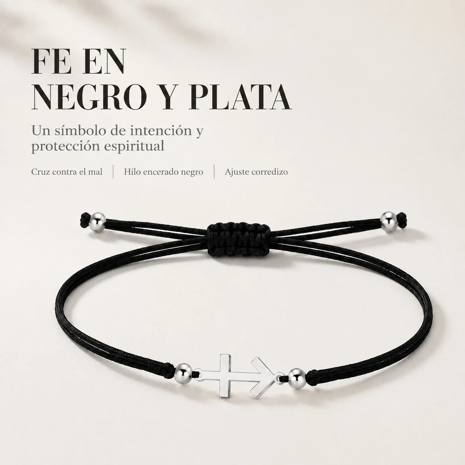 PULSERA CRUZ CONTRA EL MAL PLATEADO DE HILO EN.NEGRO