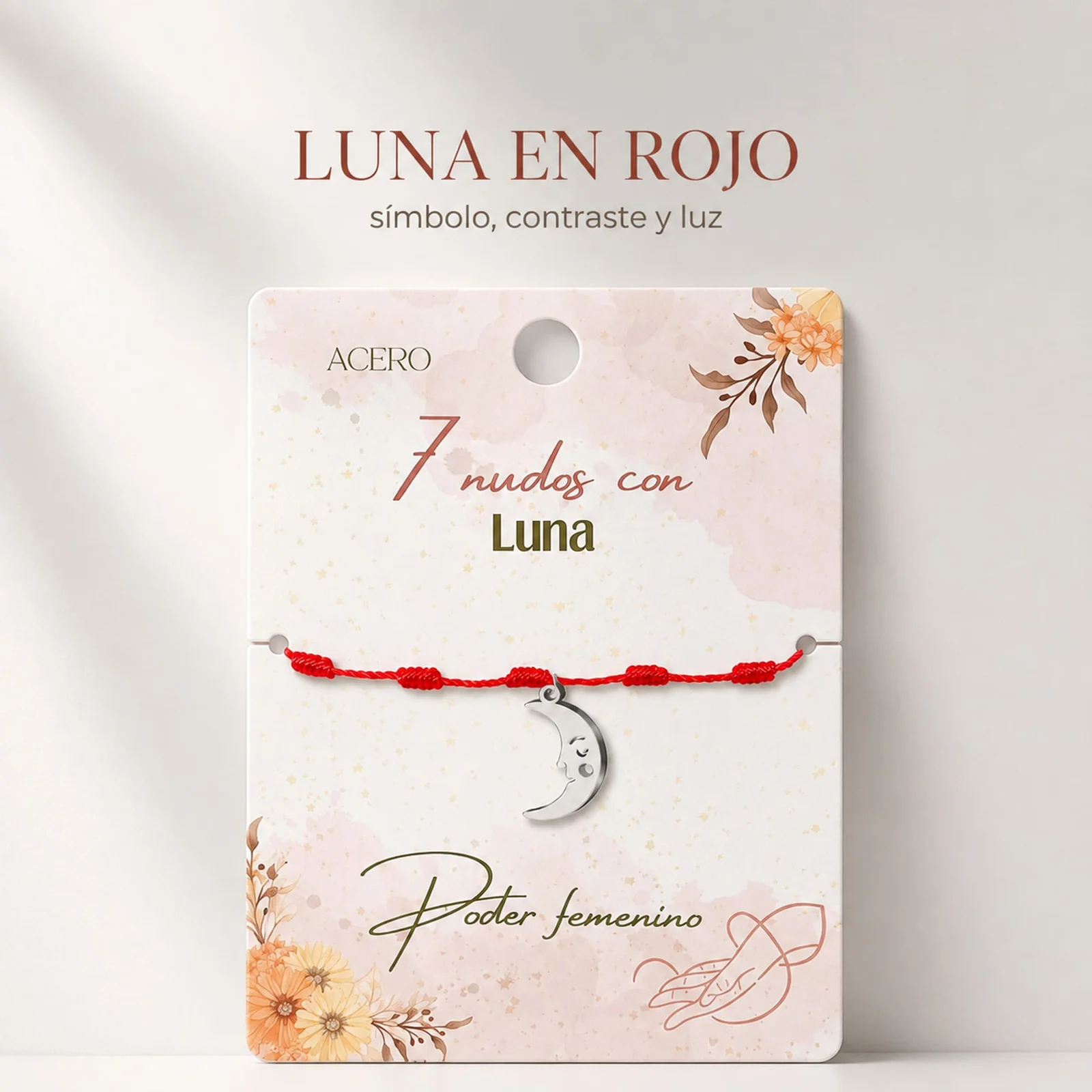 PULSERA 7 NUDOS CON LUNA COLOR PLATEADO