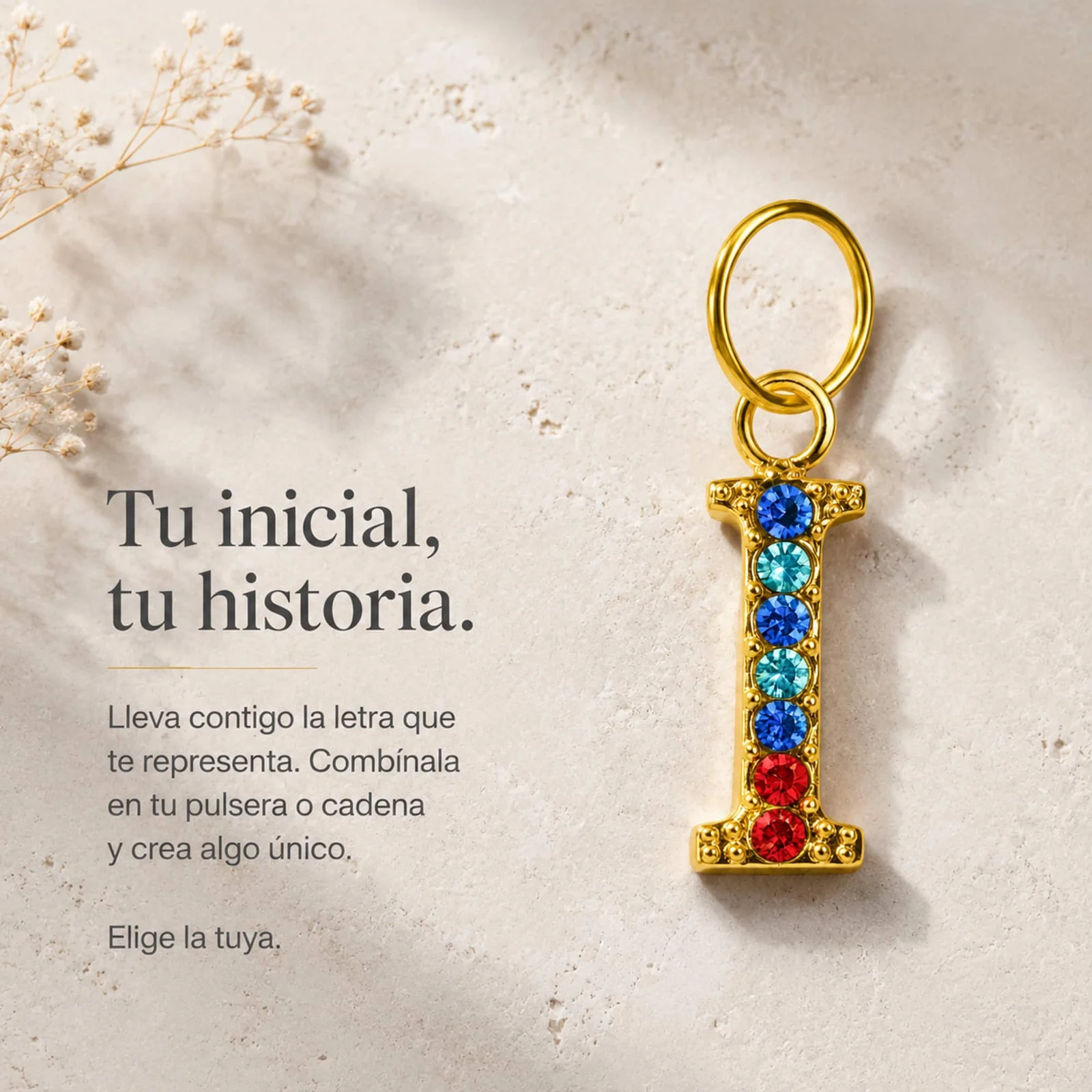 CHARM DE LETRA I ACERO COLOR DORADO CON CIRCONITA