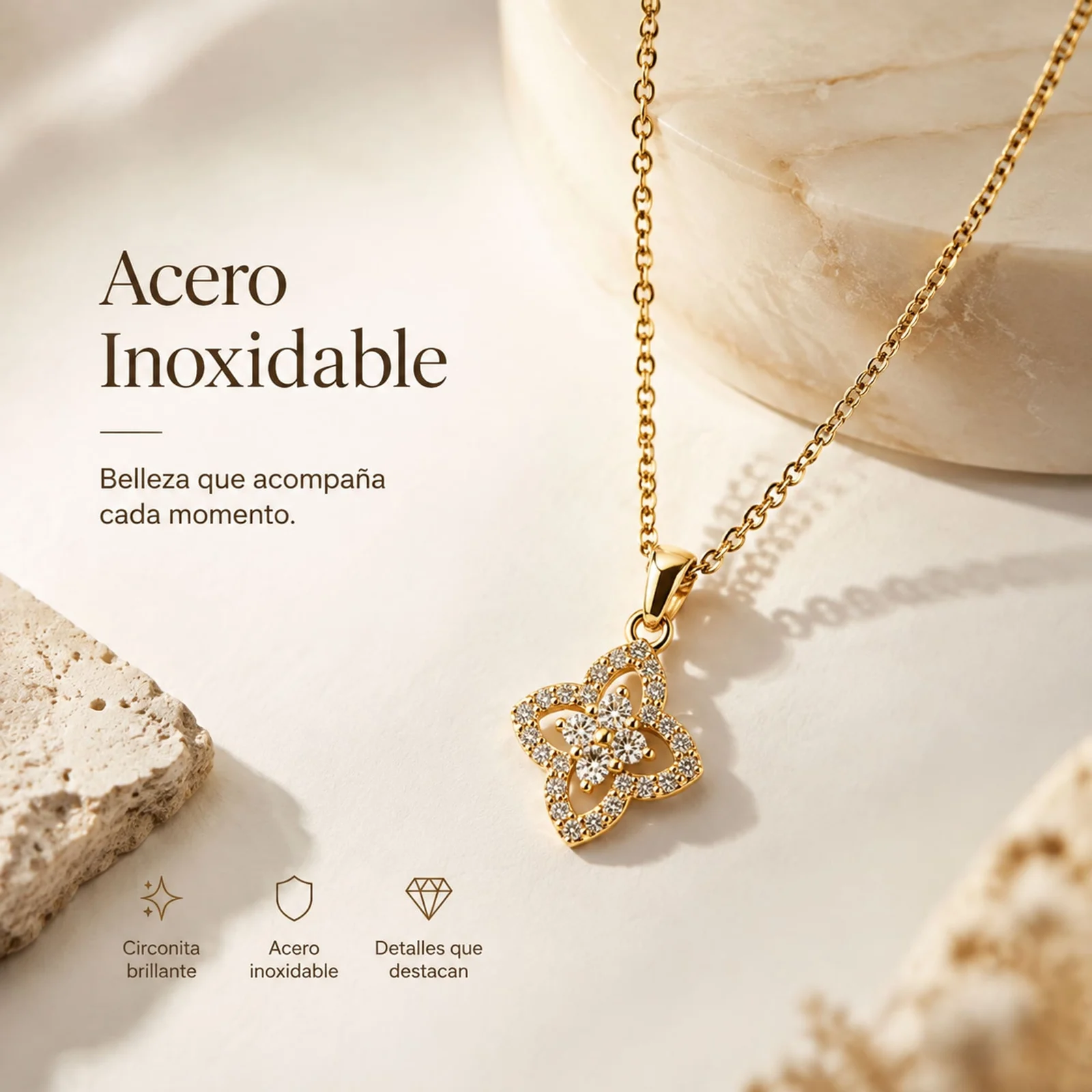 Colgangte Cobre con Circonita Colar Dorado y Cadena Acero
