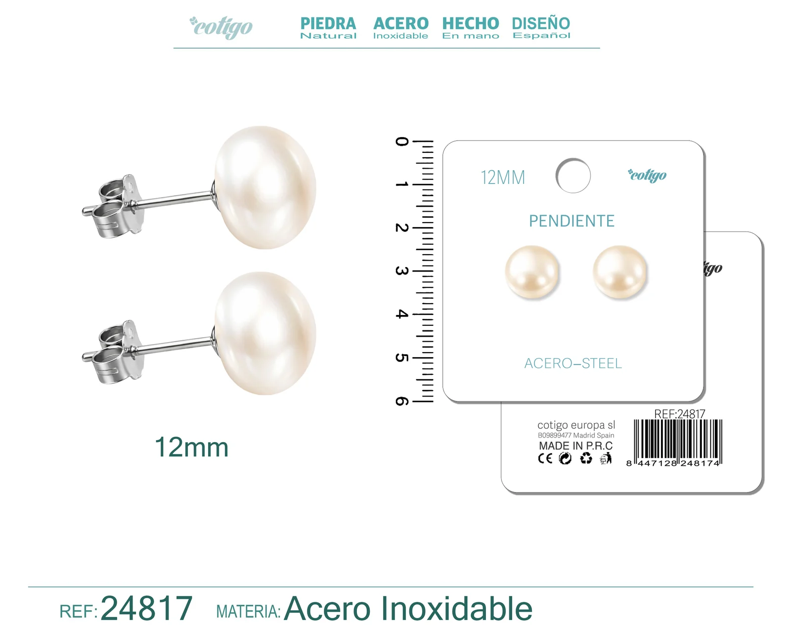 PENDIENTE DE PERLA OVLADA  12MM CON ACCESORIO ACERO