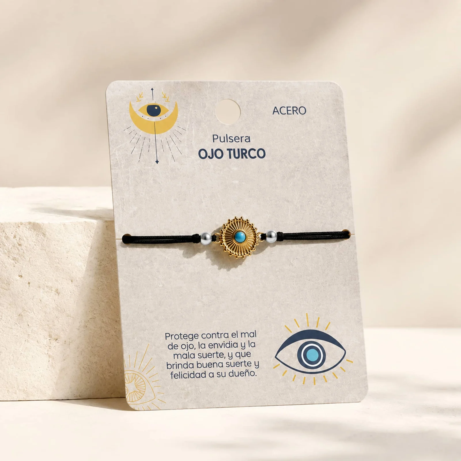 Pulsera Hilo encerado Negro CON OJO TURCO Dorado