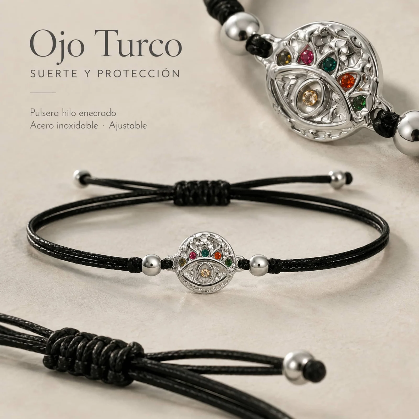 Pulsera Hilo encerado Negro CON OJO TURCO Plateado
