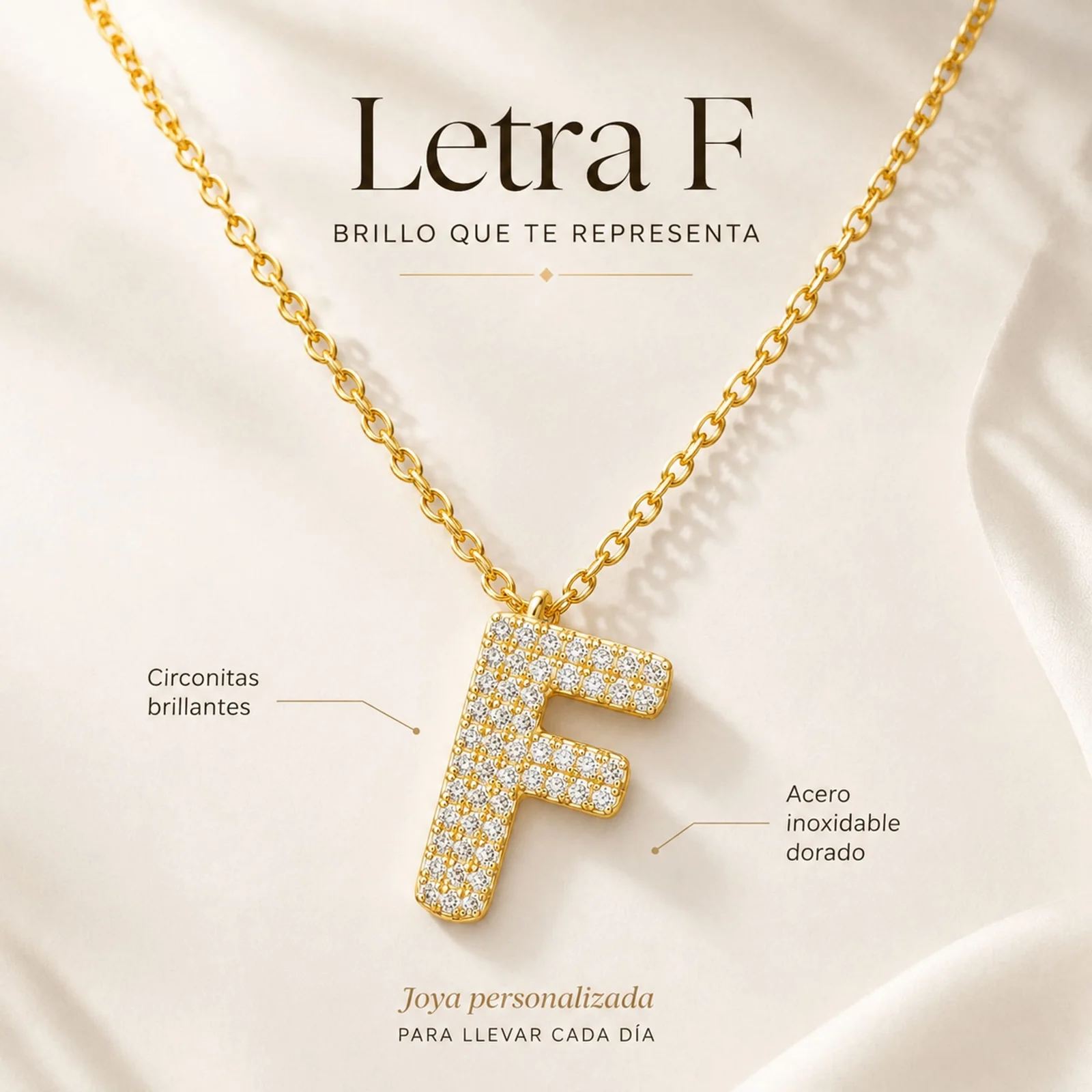 COLLAR LETRA F CON CIRCONITA  ACERO COLOR DORADO