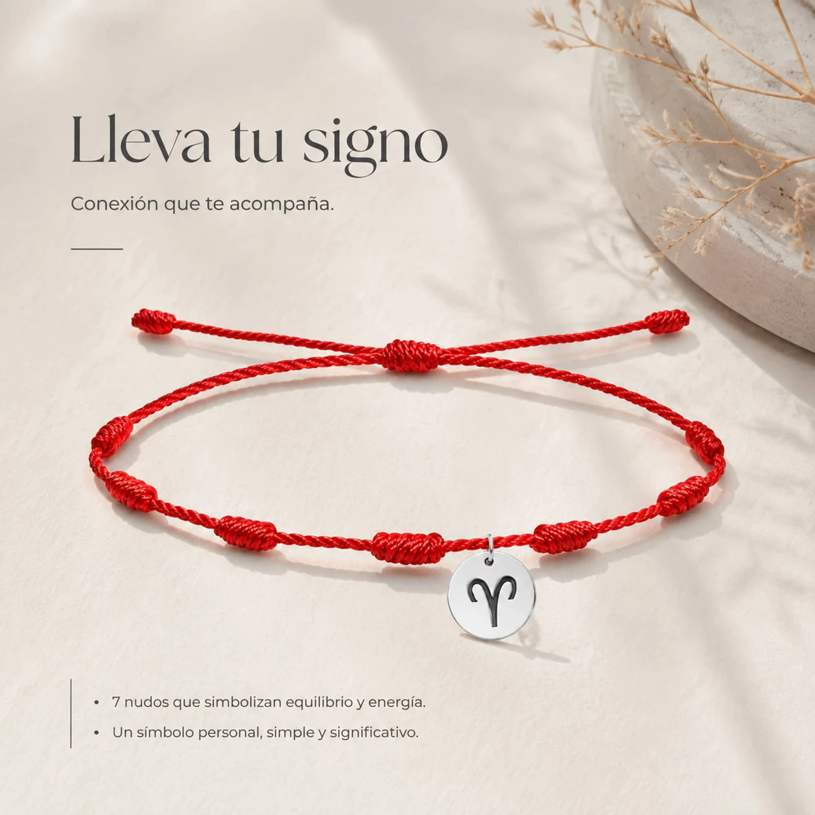 PULSERA 7 NUDOS CON ARIES ACERO. COLOR PLATEADO
