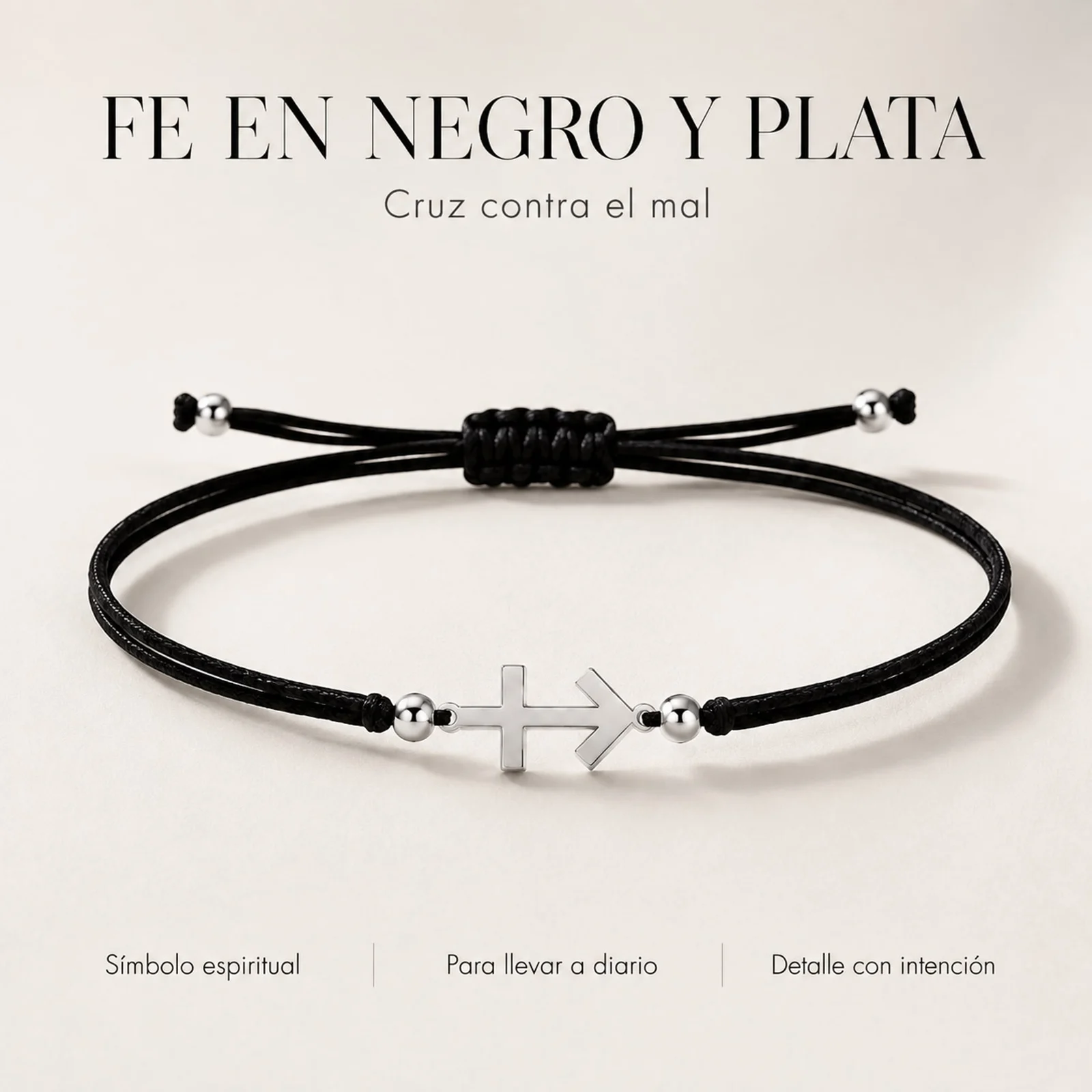 PULSERA CRUZ CONTRA EL MAL PLATEADO DE HILO EN.NEGRO