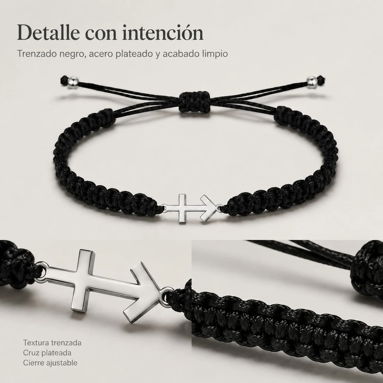 PULSERA HILO DESTINO  CON CRUZ CONTRA EL MAL ACERO PLATEADO