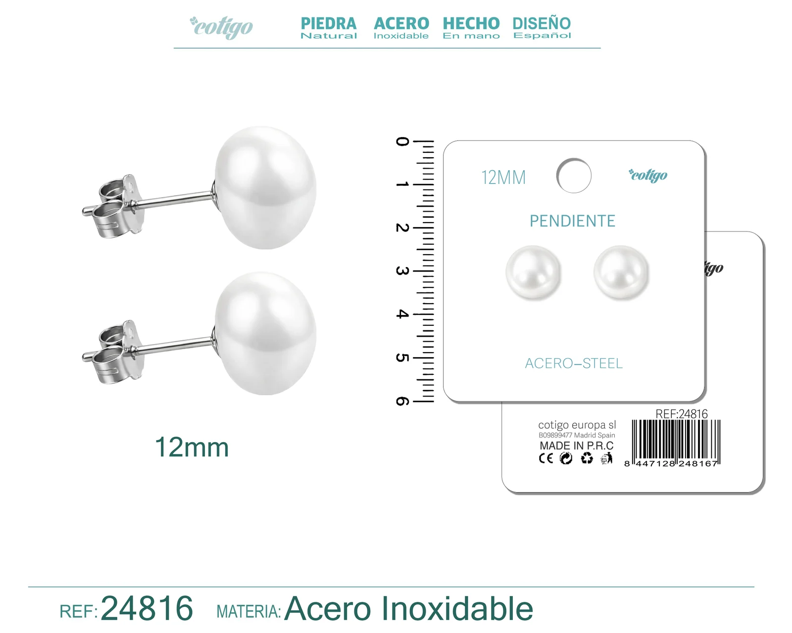 PENDIENTE DE PERLA OVLADA  12MM CON ACCESORIO ACERO