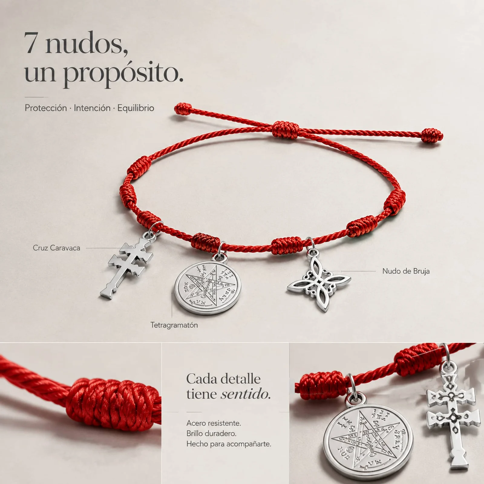 PULSERA 7 NUDOS CON TETRAGRÁMATON  NUDO DE BRUJA Y CRUZ CARAVACA ACERO PLATEADO