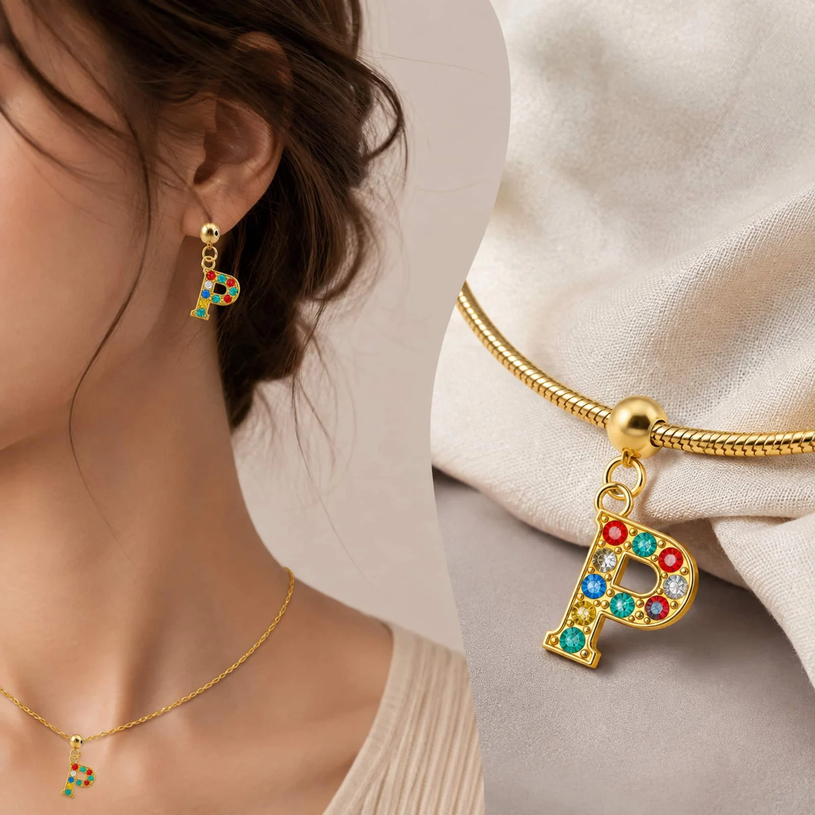 CHARM DE LETRA P ACERO COLOR DORADO CON CIRCONITA-CON BOLA DE GOMA