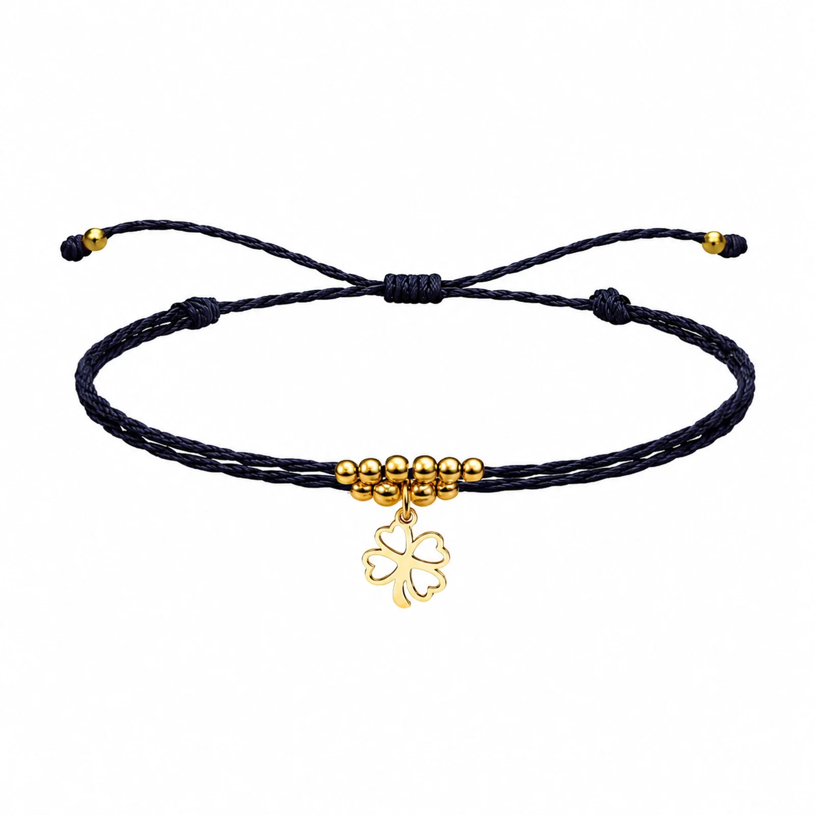 PULSERA HILO ENCERADO CON COLGANTE TRÉBOL ACERO DORADO