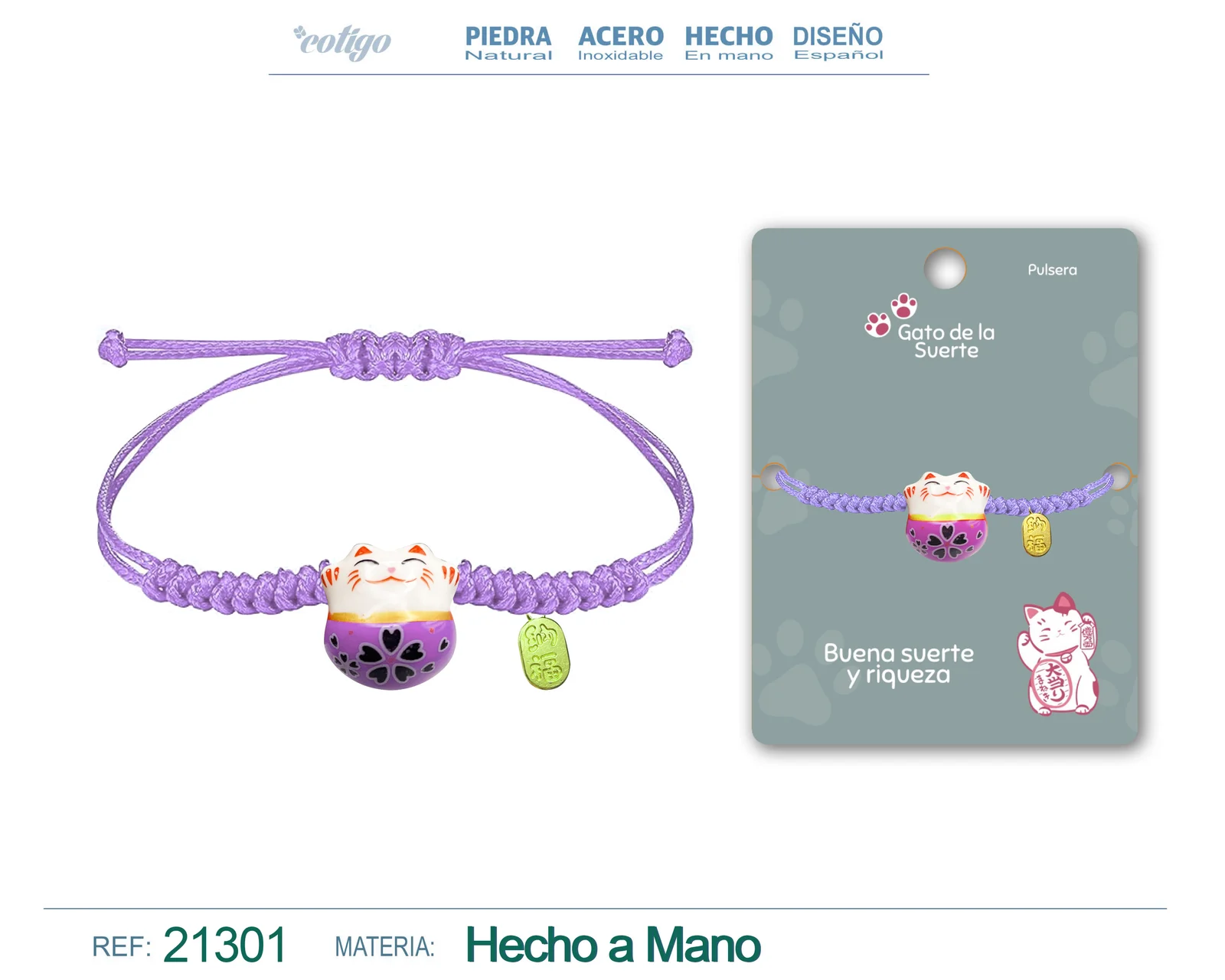 PULSERA HILO ENCERADO CON GATO DE SUERTE