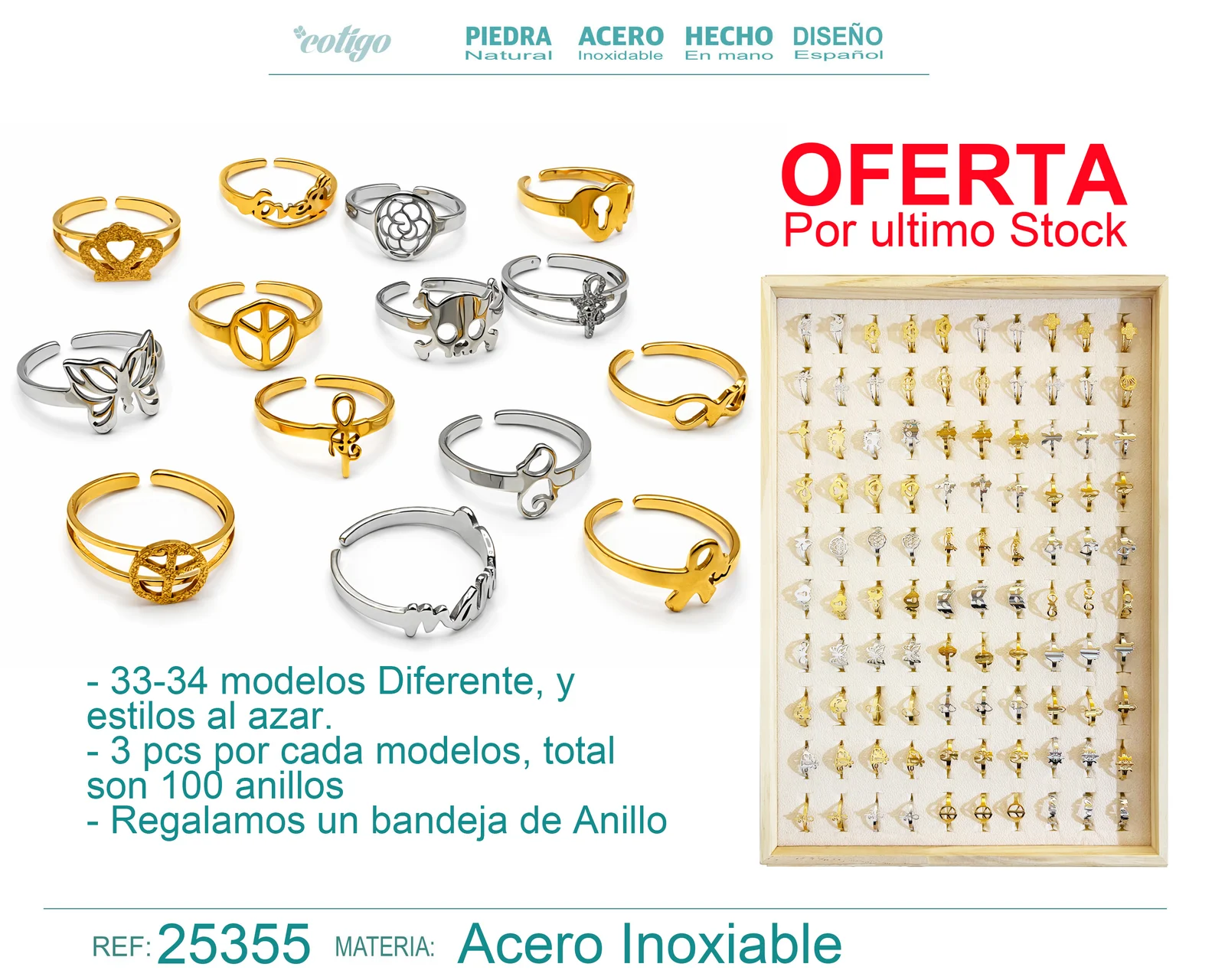 100 ANILLOS ACERO CON BANDEJA