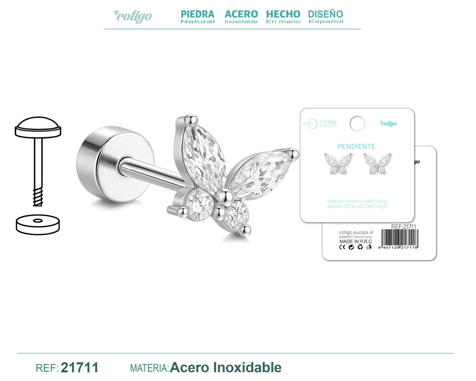 PENDIENTE ACERO  COLOR PLATEADO CON CIERRE ROSCA