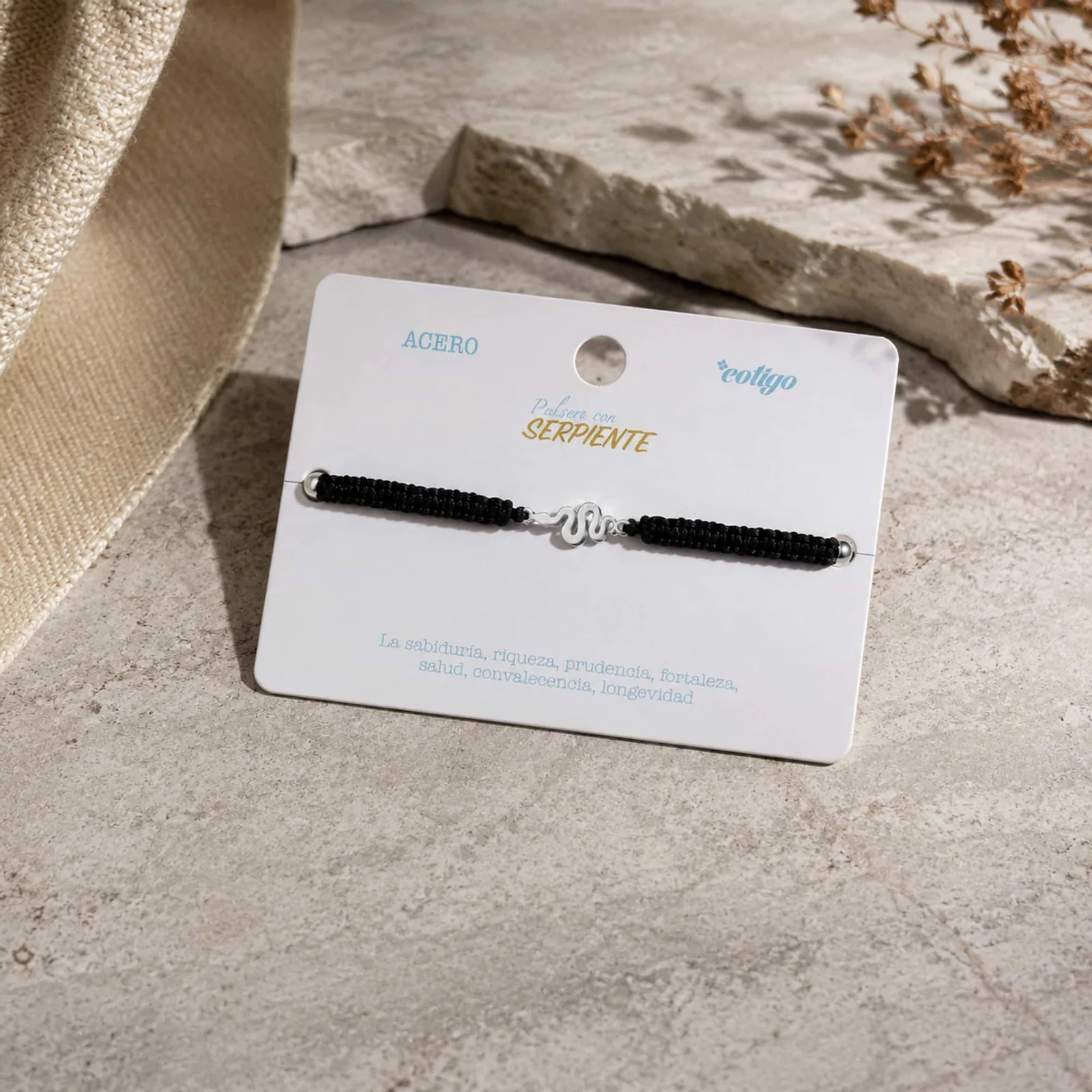 PULSERA HILO DESTINO  CON SERPIENTE ACERO PLATEADO