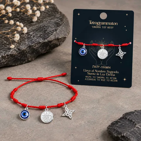 PULSERA 7 NUDOS CON TETRAGRÁMATON  NUDO DE BRUJA Y OJO TURCO ACERO PLATEADO