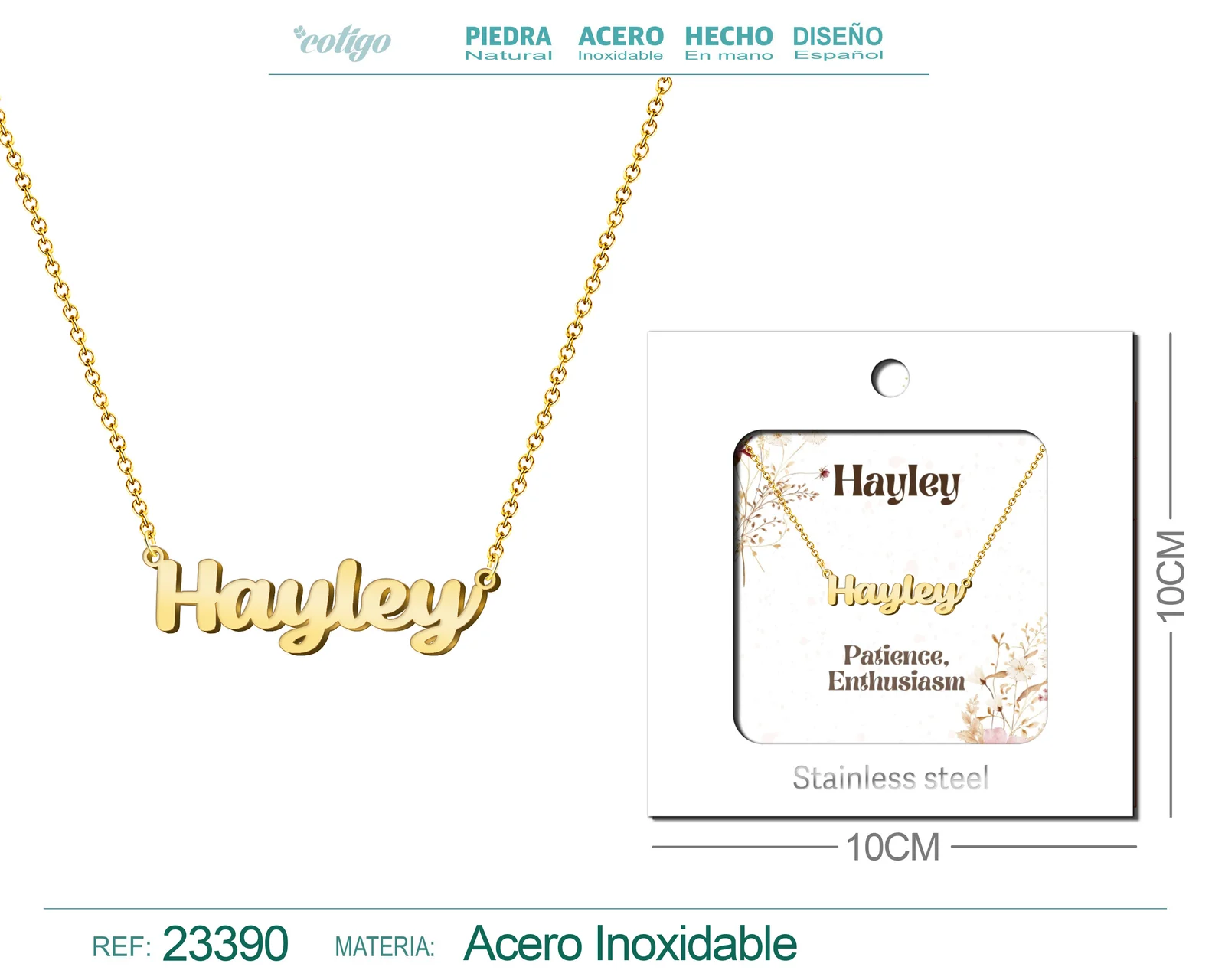 COLLAR NOMBRE INGLES HAYLEY ACERO CON SOBRE