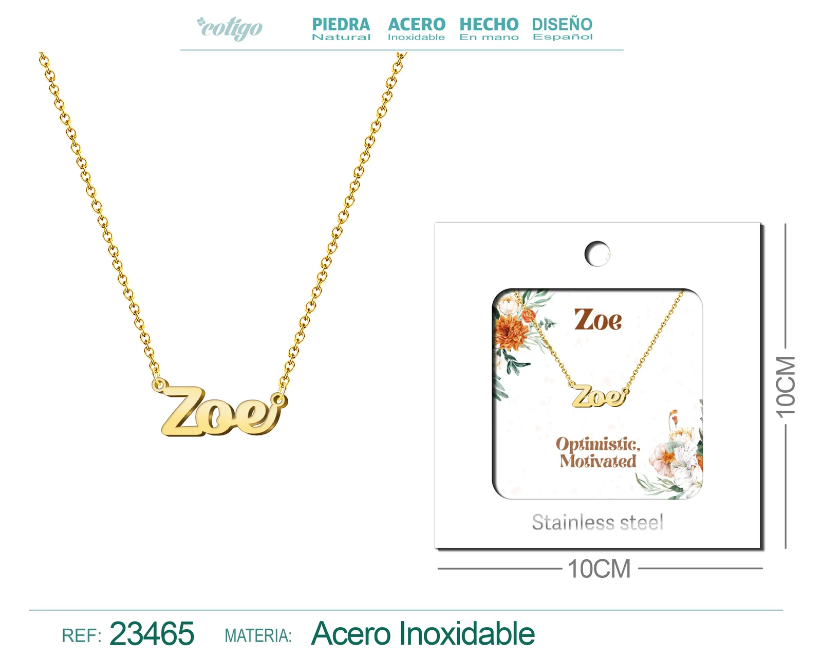 COLLAR NOMBRE INGLES ZOE ACERO CON SOBRE
