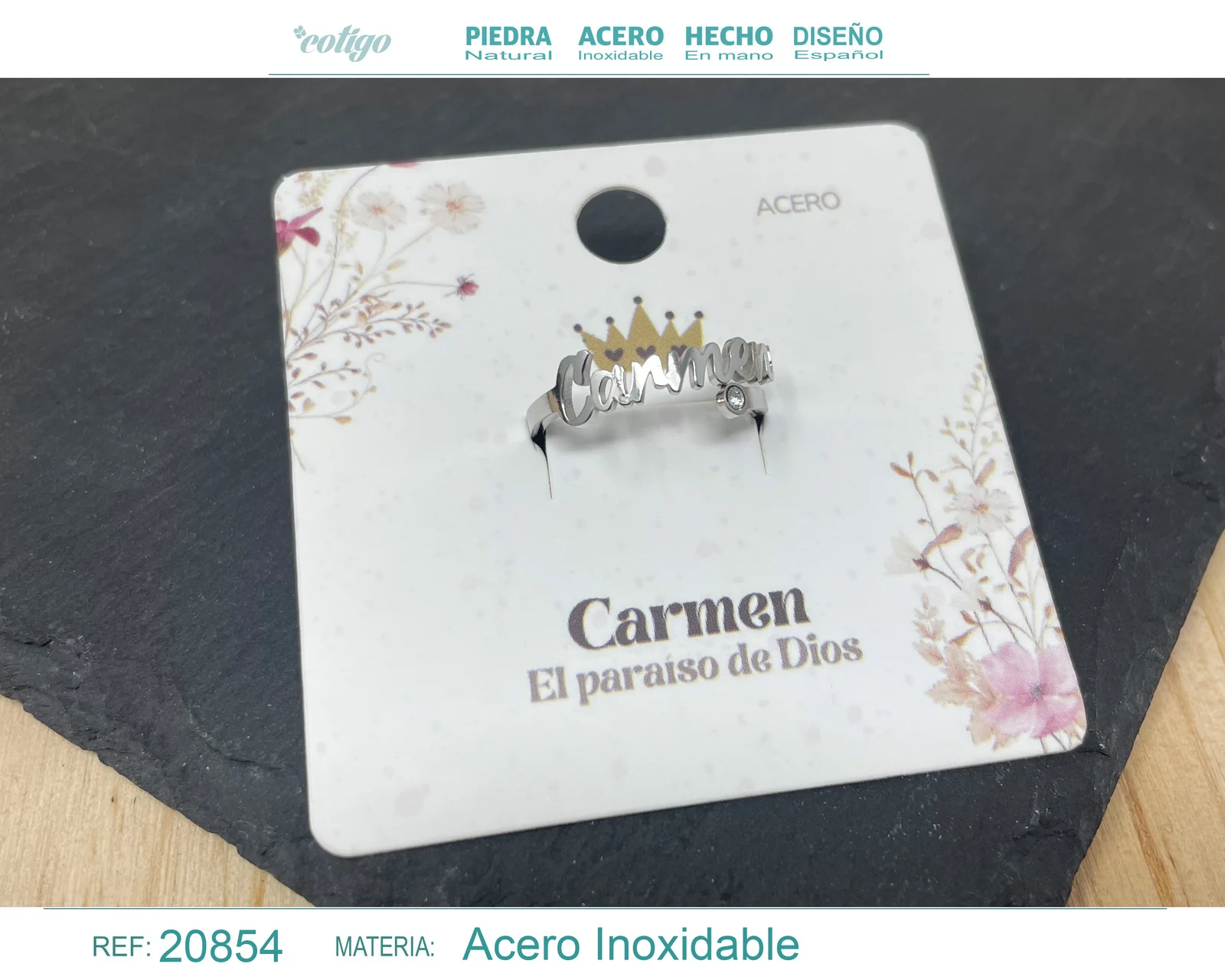 ANILLO NOMBRE CARMEN ACERO COLOR PLATEADO