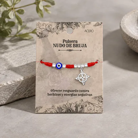 PULSERA 7 NUDOS CON OJO DE TURCO Y NUDO DE BRUJA ACERO PLATEADO