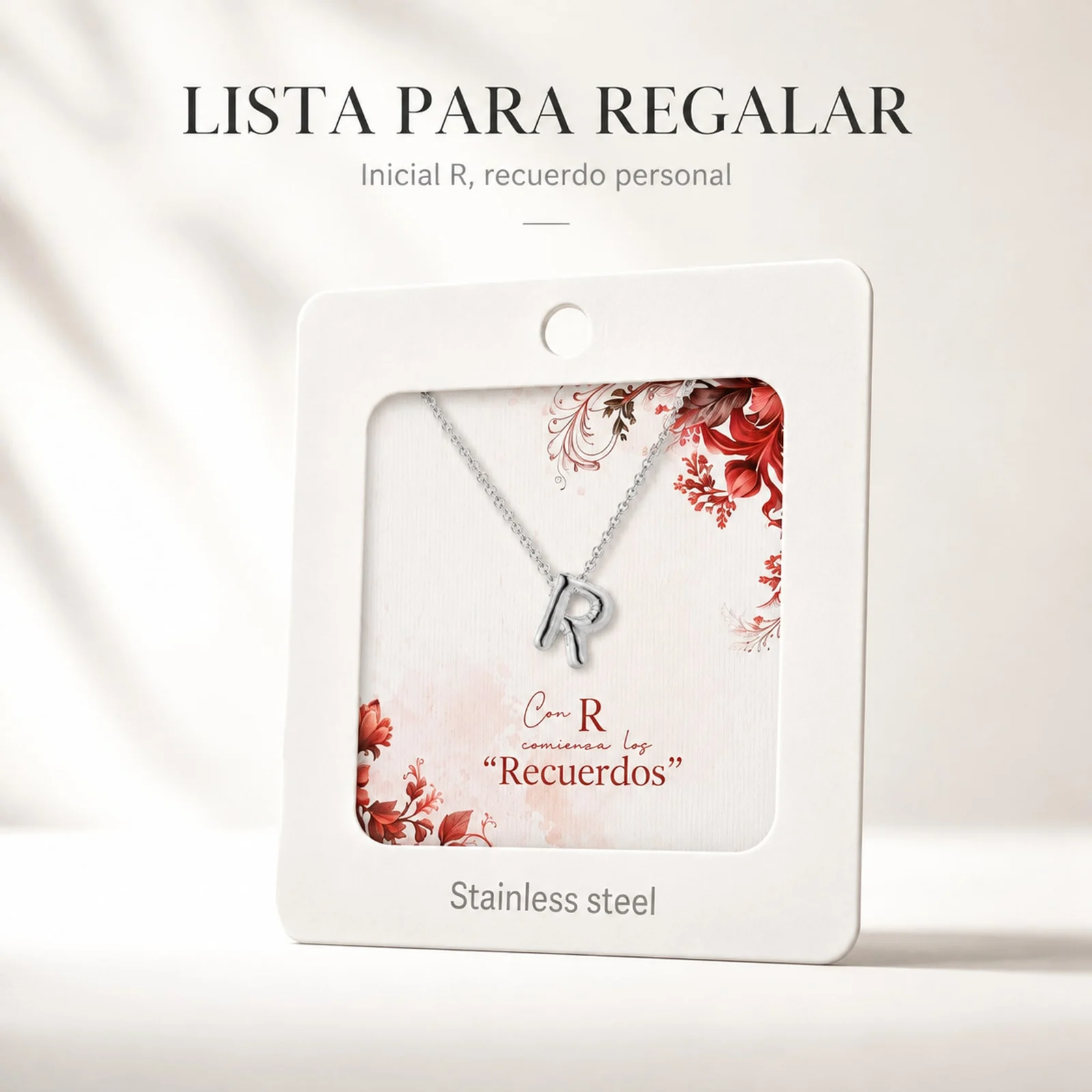 COLLAR INICIAL LETRA R ACERO CON SOBRE