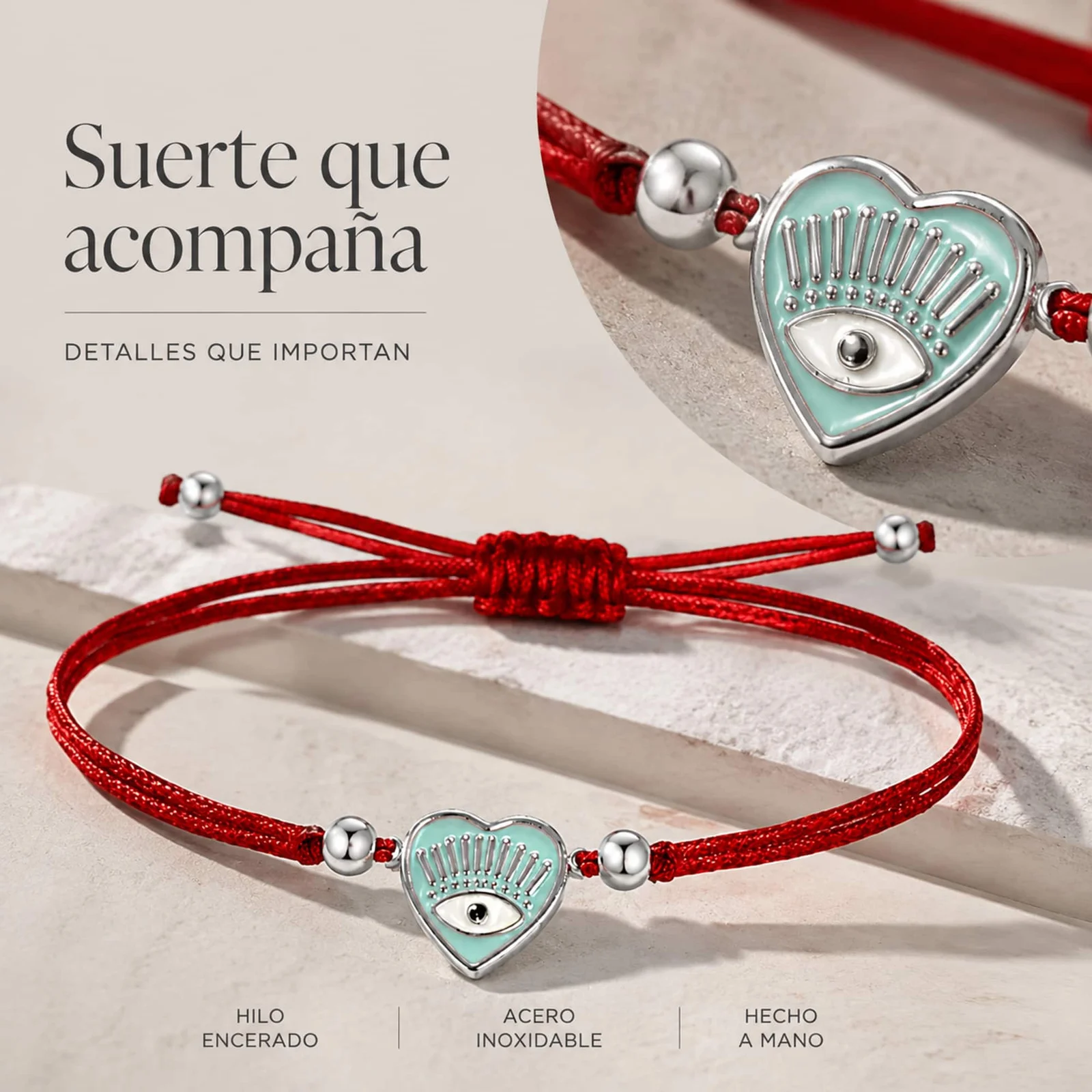 Pulsera Hilo encerado Rojo CON OJO TURCO Plateado