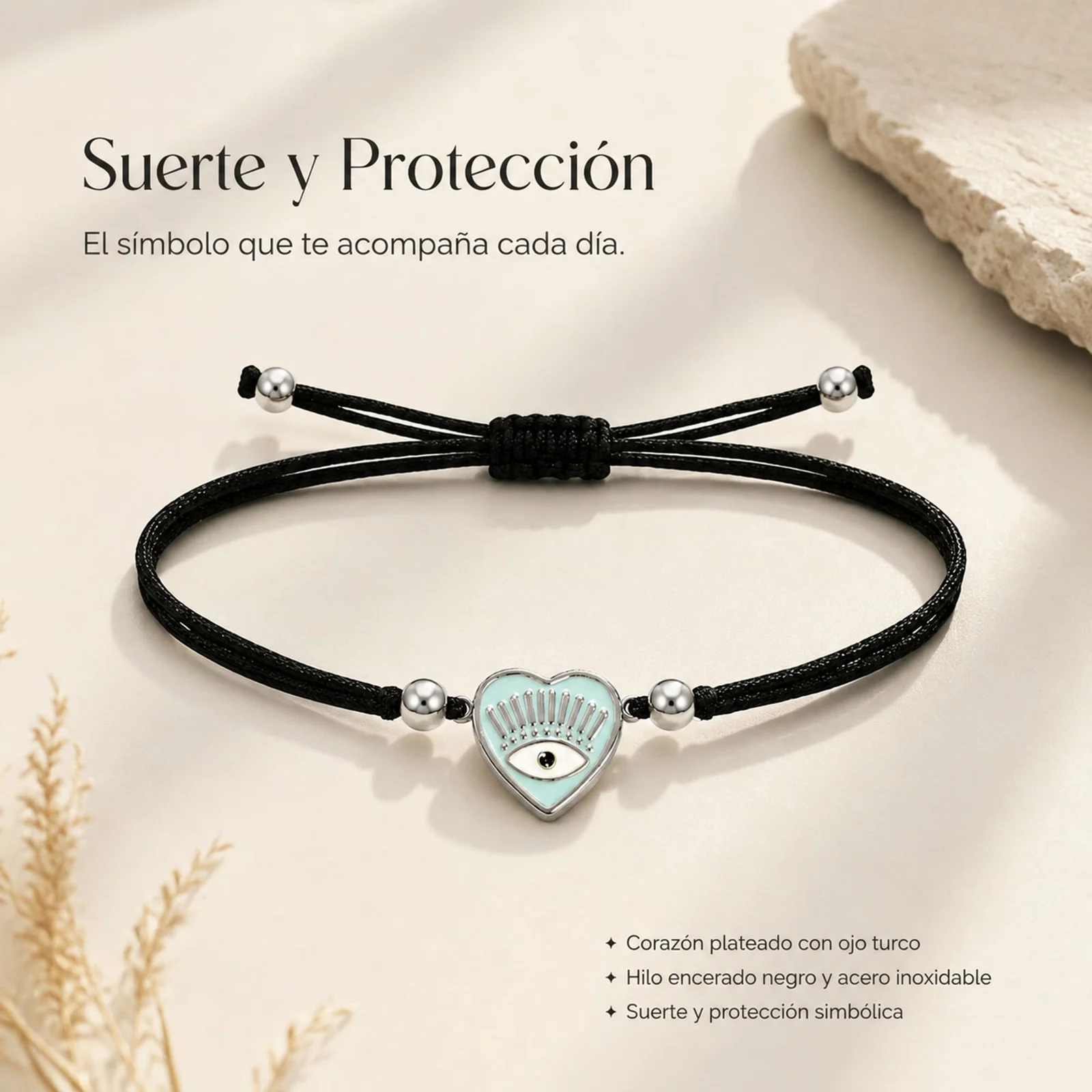 Pulsera Hilo encerado Negro CON OJO TURCO Plateado
