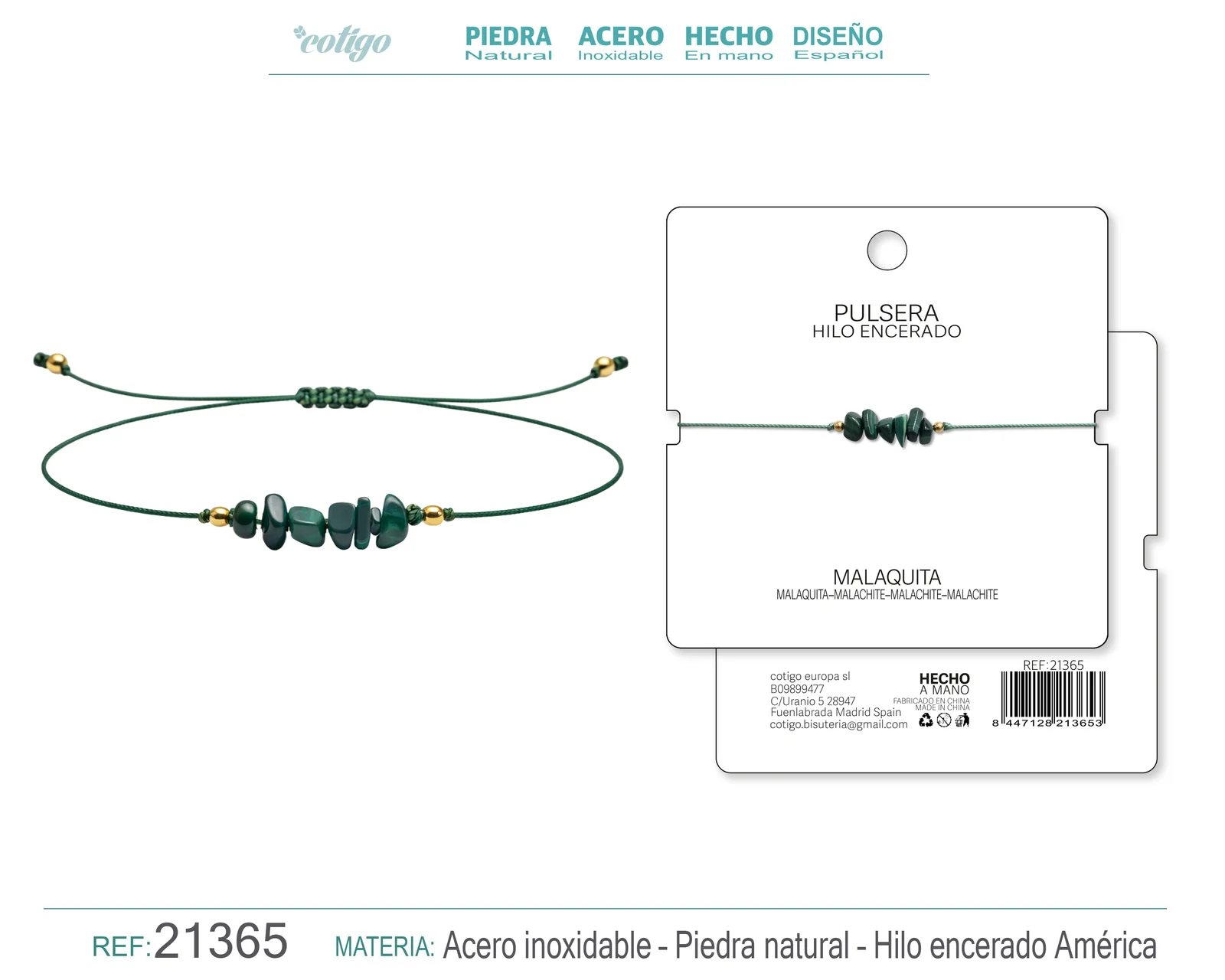 PULSERA HILO ENCERADO CON MALAQUITA