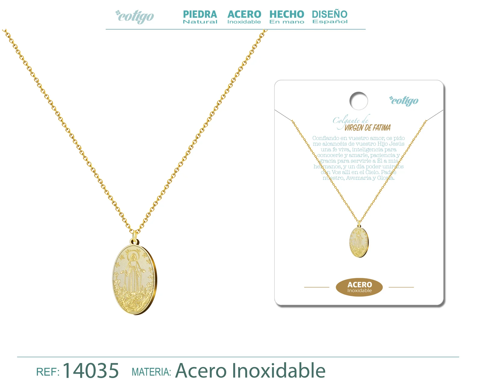 COLGANTE ACERO VIRGEN DE FATIMA COLOR DORADO