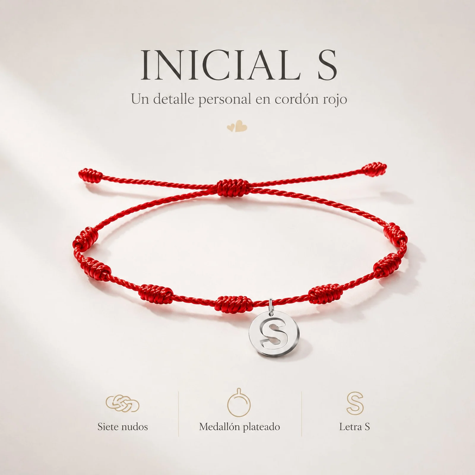 PULSERA 7 NUDOS CON LETRA S COLOR PLATEADO