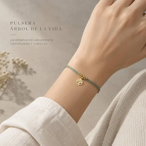 PULSERA HILO ENCERADO CON COLGANTE ÁRBOL DE VIDA ACERO DORADO
